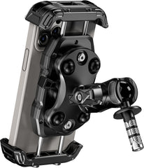 Kewig motorcycle fork stem mount close-up showing sturdy build and secure phone hold