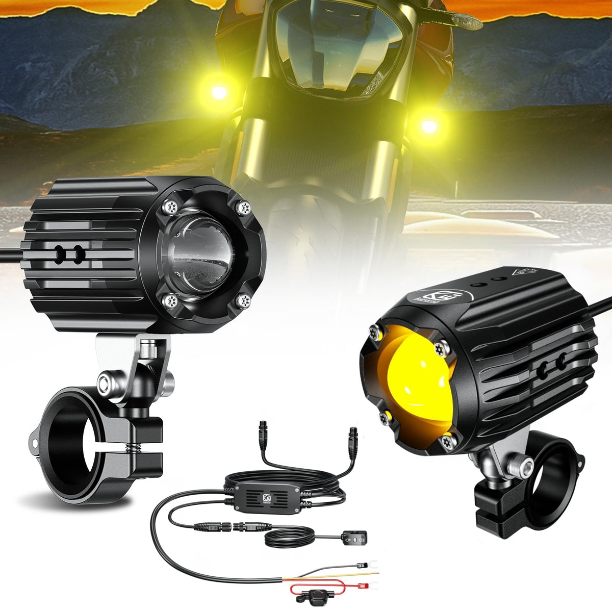 Kewig motorcycle LED driving light beam for night visibility on off-road rides.