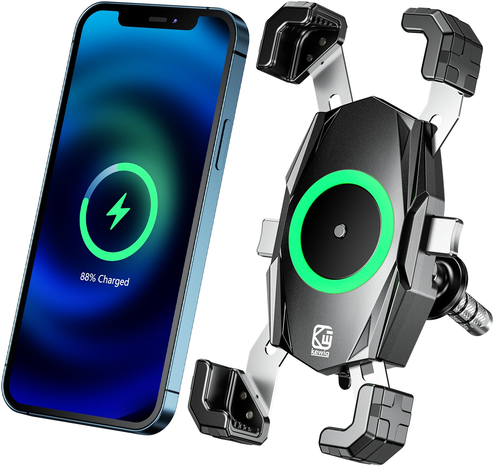 Kewig motorcycle phone mount assembly secures your device on the handlebars during rides.
