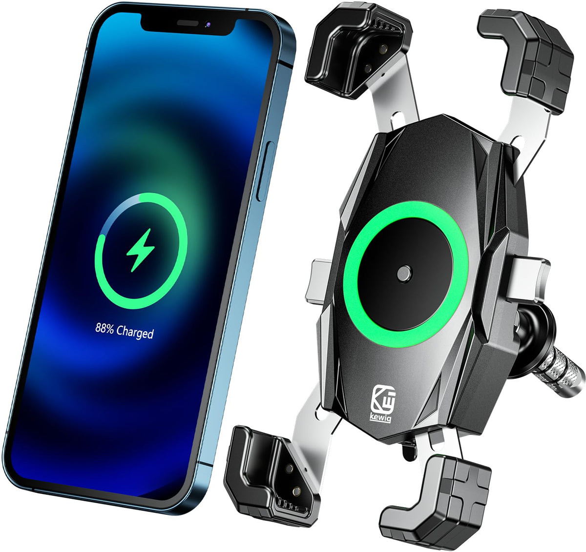 Kewig motorcycle phone mount assembly secures your device on the handlebars during rides.