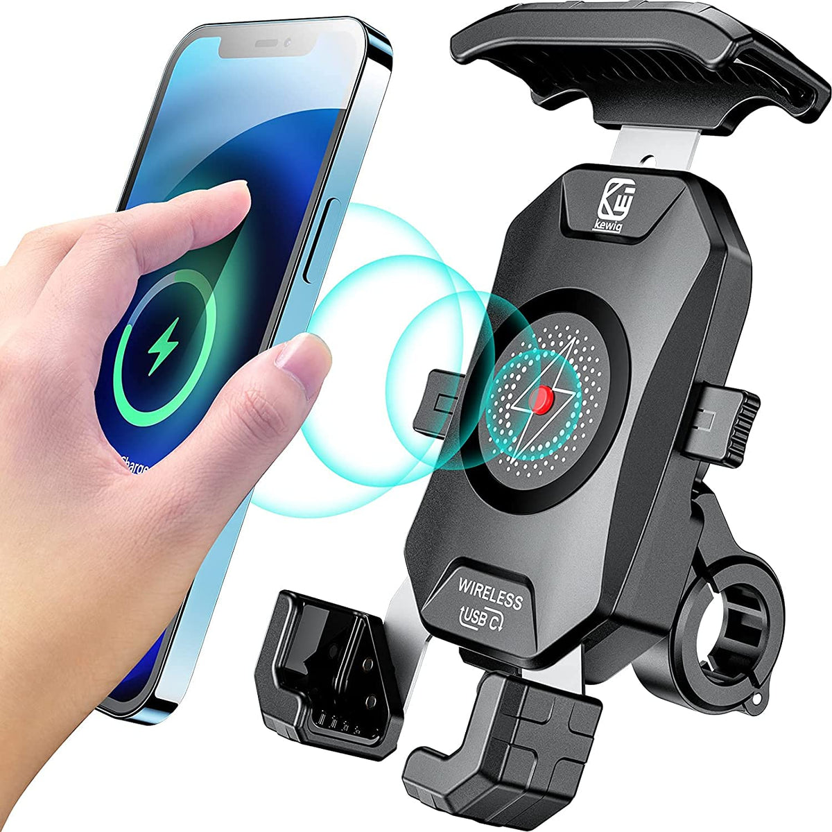 Kewig motorcycle mount showing the wireless charging area for on the go power