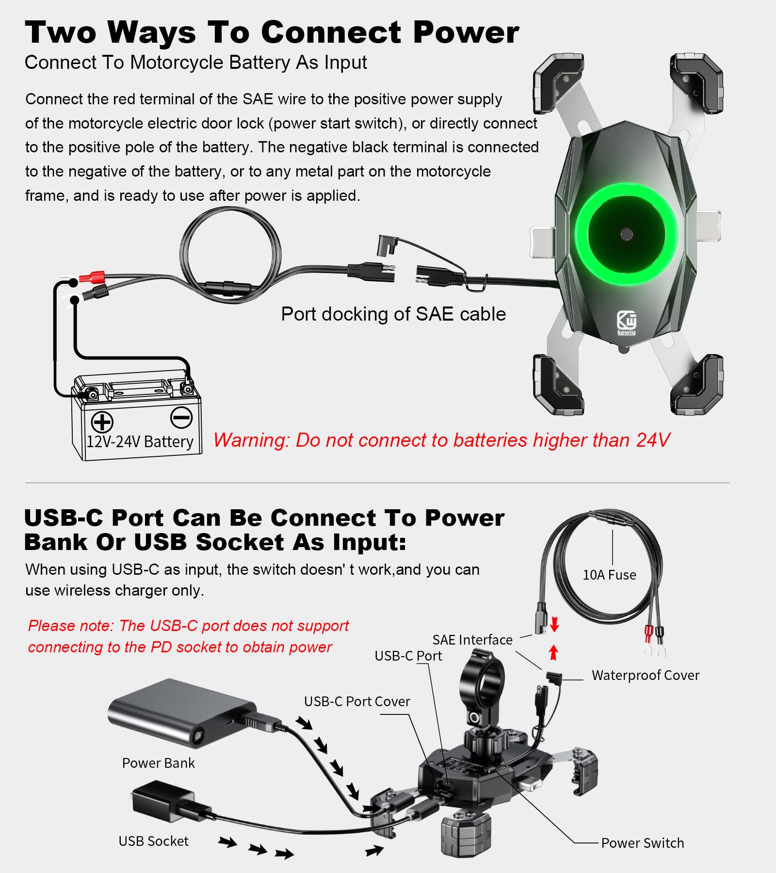 Kewig motorcycle phone mount USB-C port supports fast charging during rides