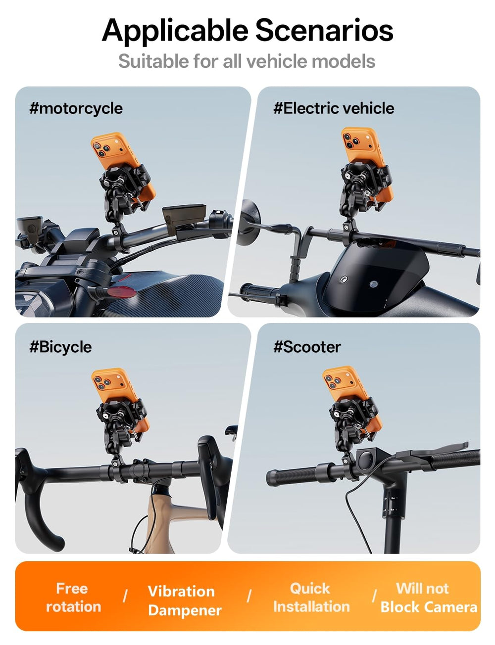 Kewig mount compatible with motorcycles, bikes, scooters, and ATVs.