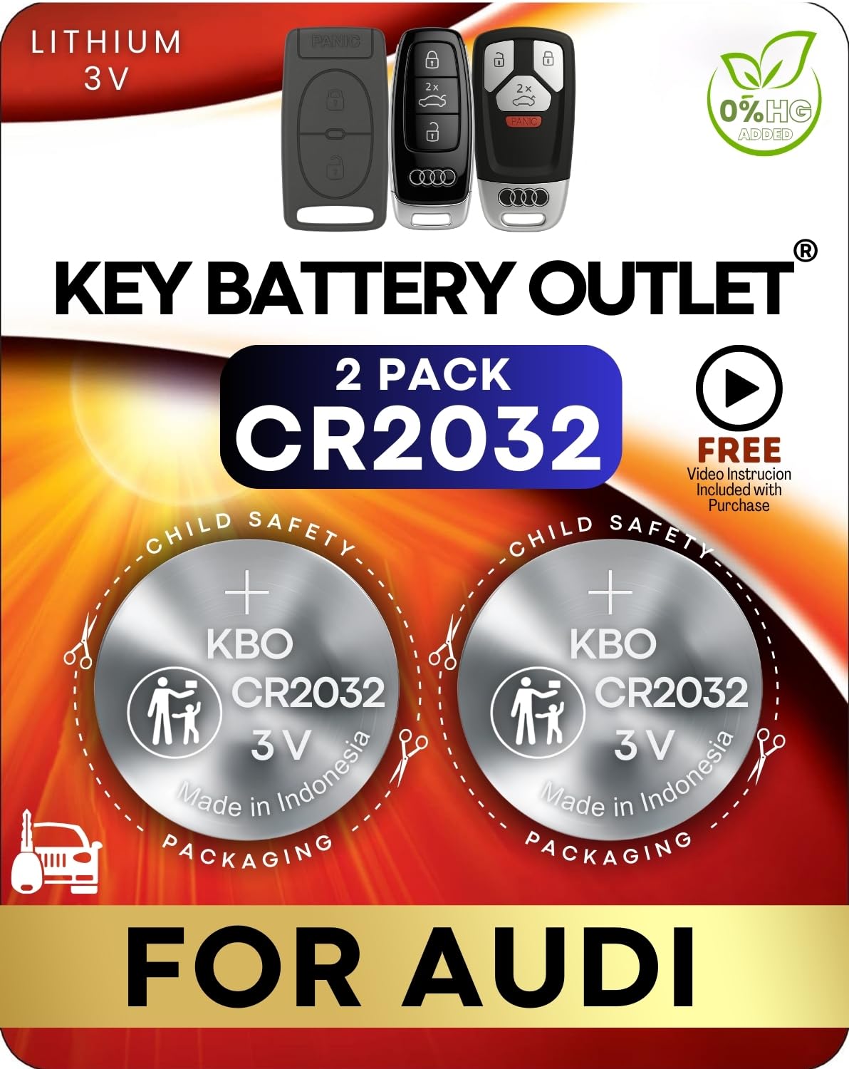 Key Battery Outlet Audi CR2032 2-pack provides fast, reliable key fob power.