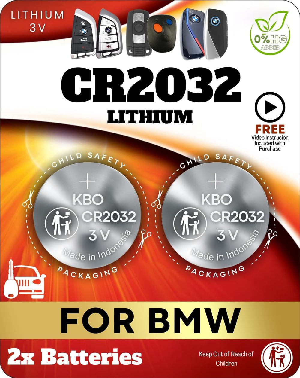 Key Battery Outlet BMW CR2032 2-pack close-up for reliable key fob power.