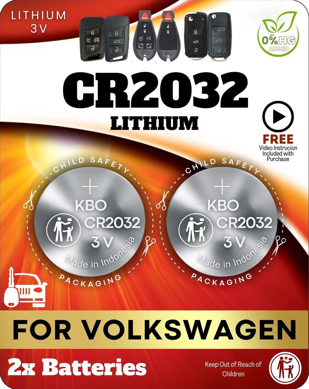 Key Battery Outlet CR2032 2-pack packaging for VW fob, ready for quick replacement.