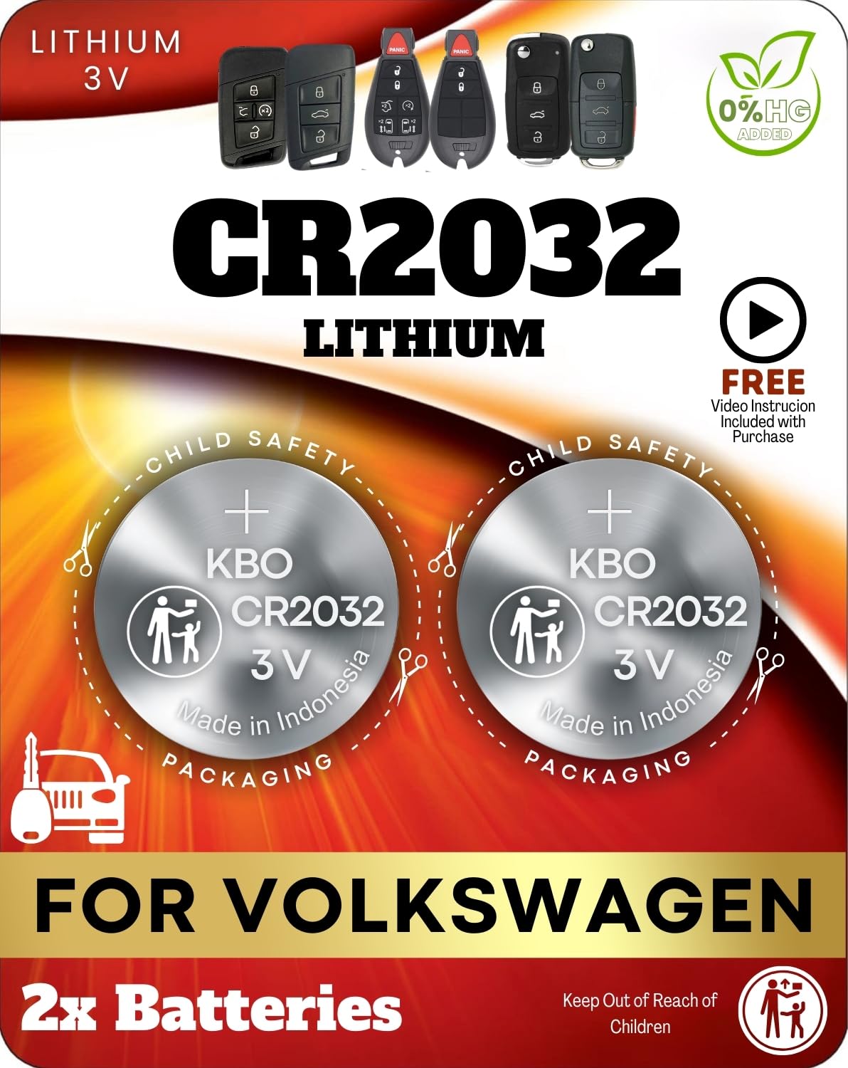 Key Battery Outlet CR2032 2-pack packaging for VW fob, ready for quick replacement.