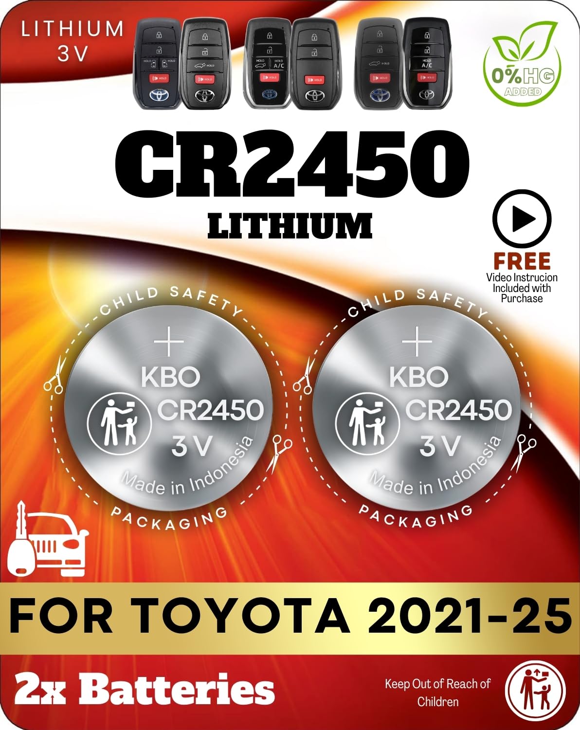 Key Battery Outlet CR2450 battery for Toyota fobs, ready for quick DIY replacement.