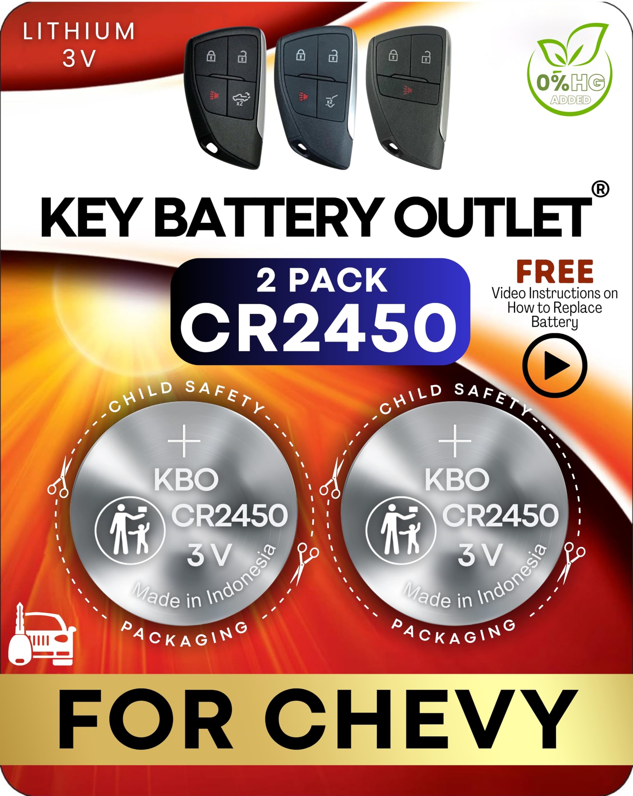 Key Battery Outlet CR2450 two-pack front, ready for Chevrolet fob replacement