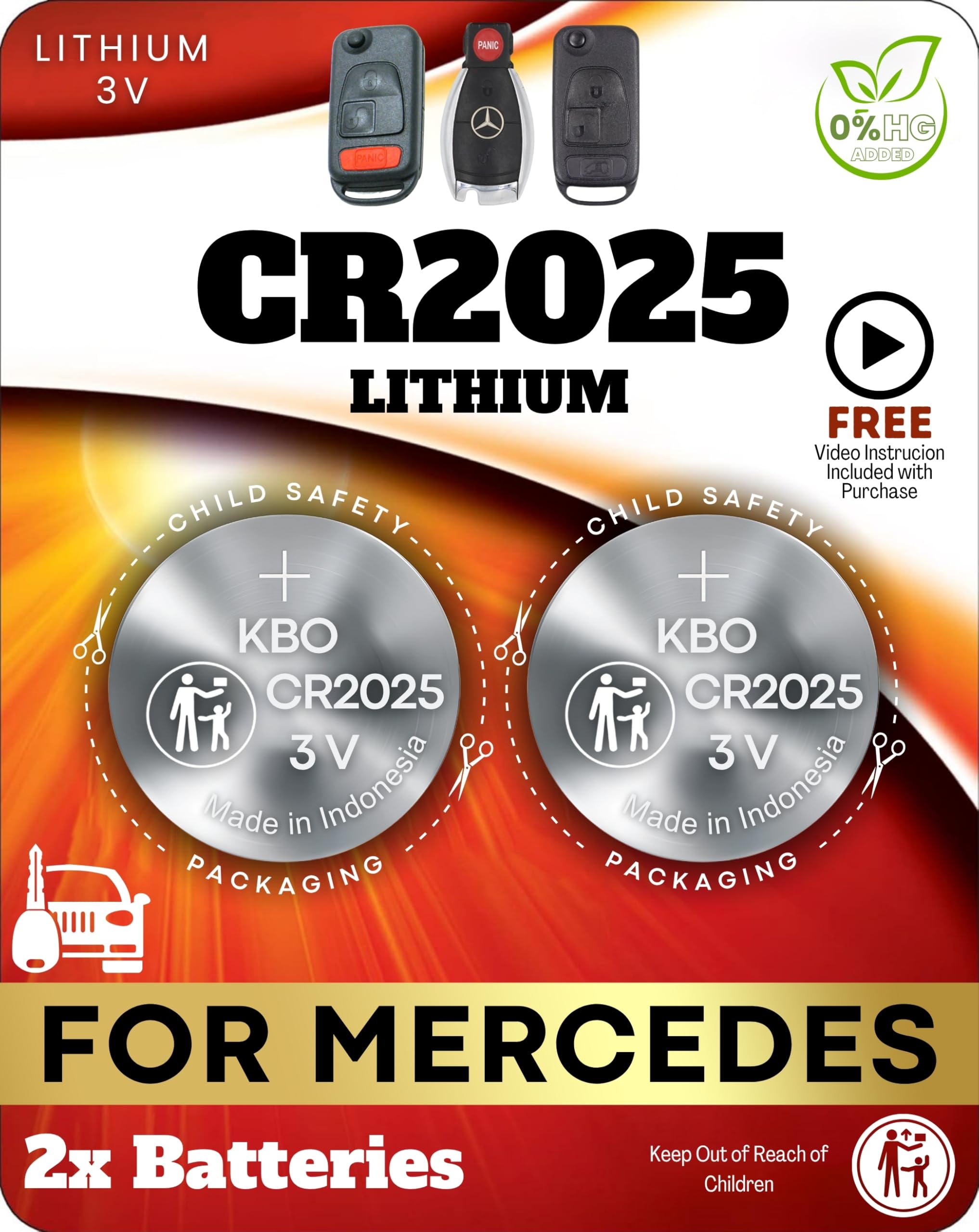 Key Battery Outlet two-pack CR2025 for Mercedes key fobs, ready for quick replacement.