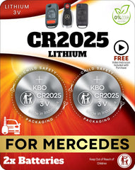 Key Battery Outlet two-pack CR2025 for Mercedes key fobs, ready for quick replacement.