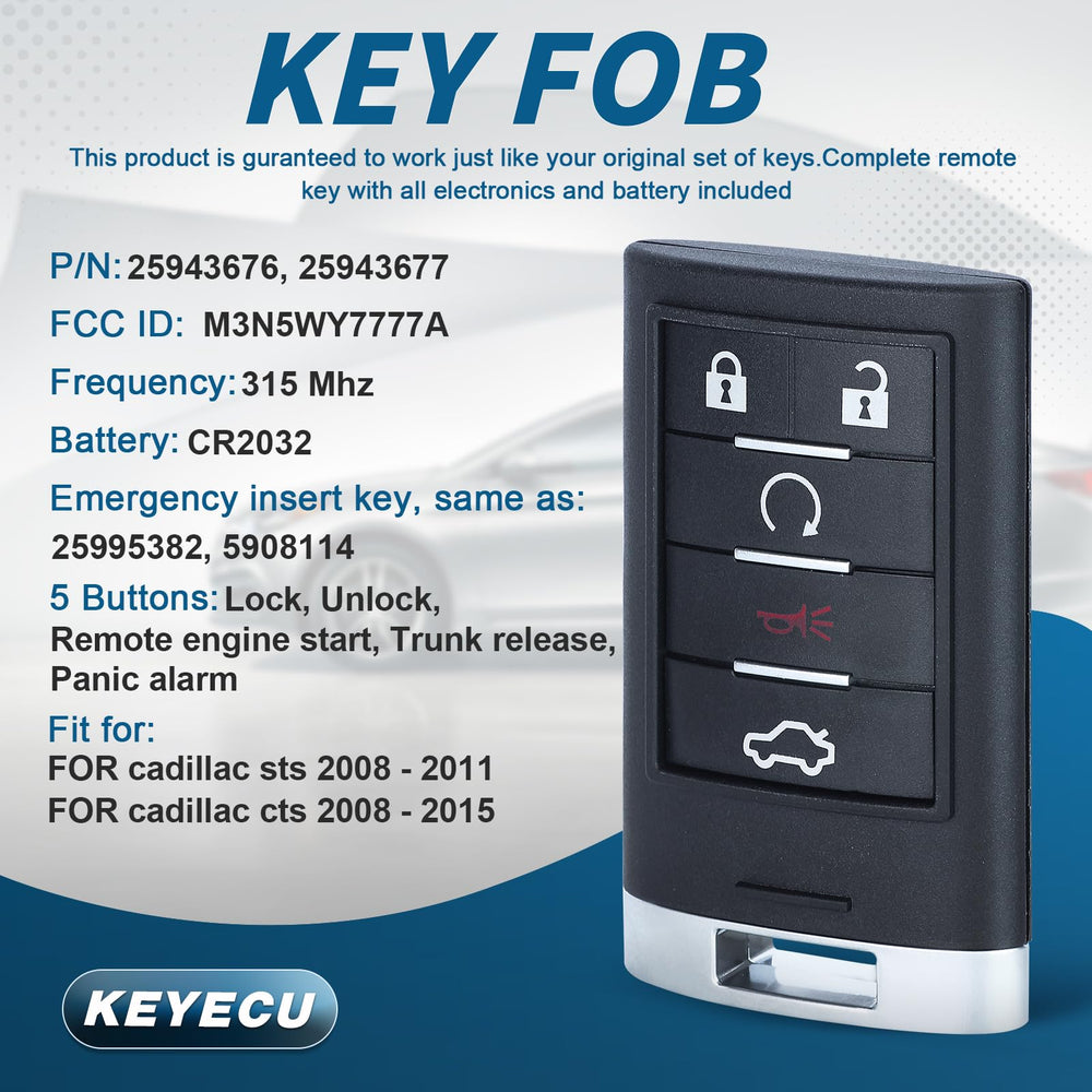 Keyecu 5-button fob enables convenient Trunk and Remote-Start for Cadillac