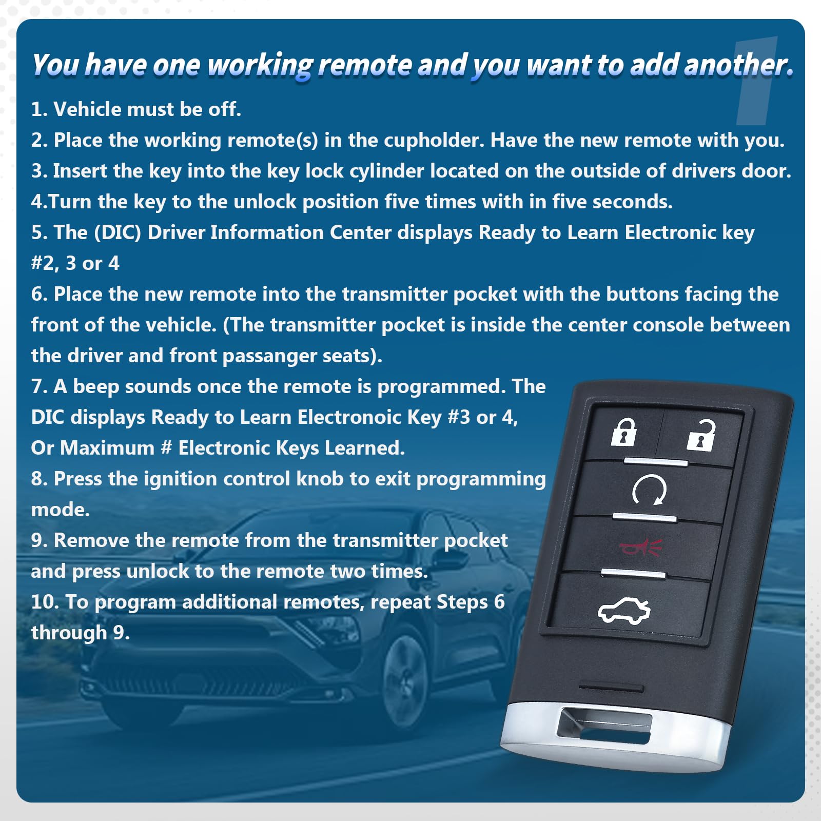 5-button remote fob fits CTS 2008-2013 and STS 2008-2013 models
