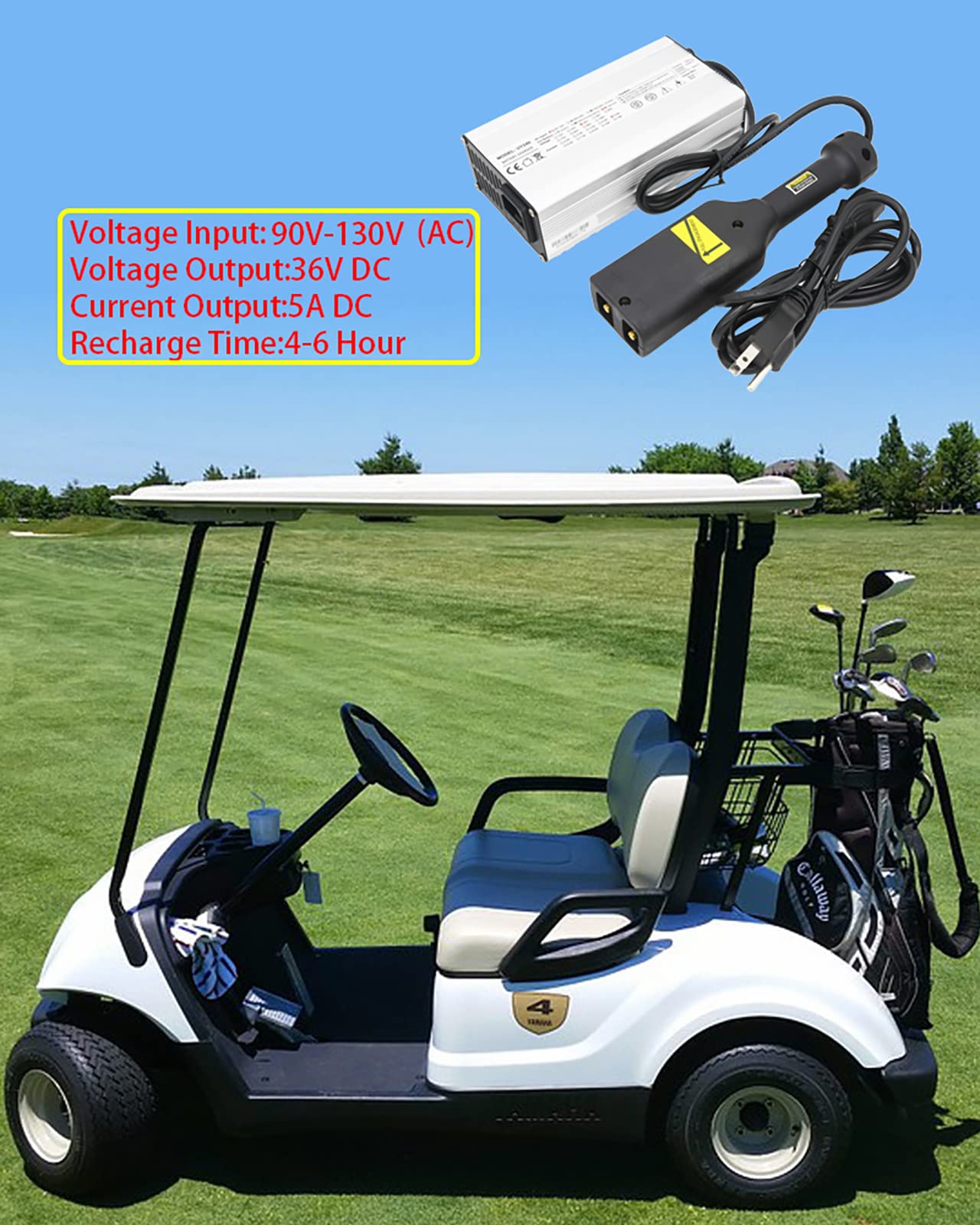Keyhao 36V charger in use powering a golf cart