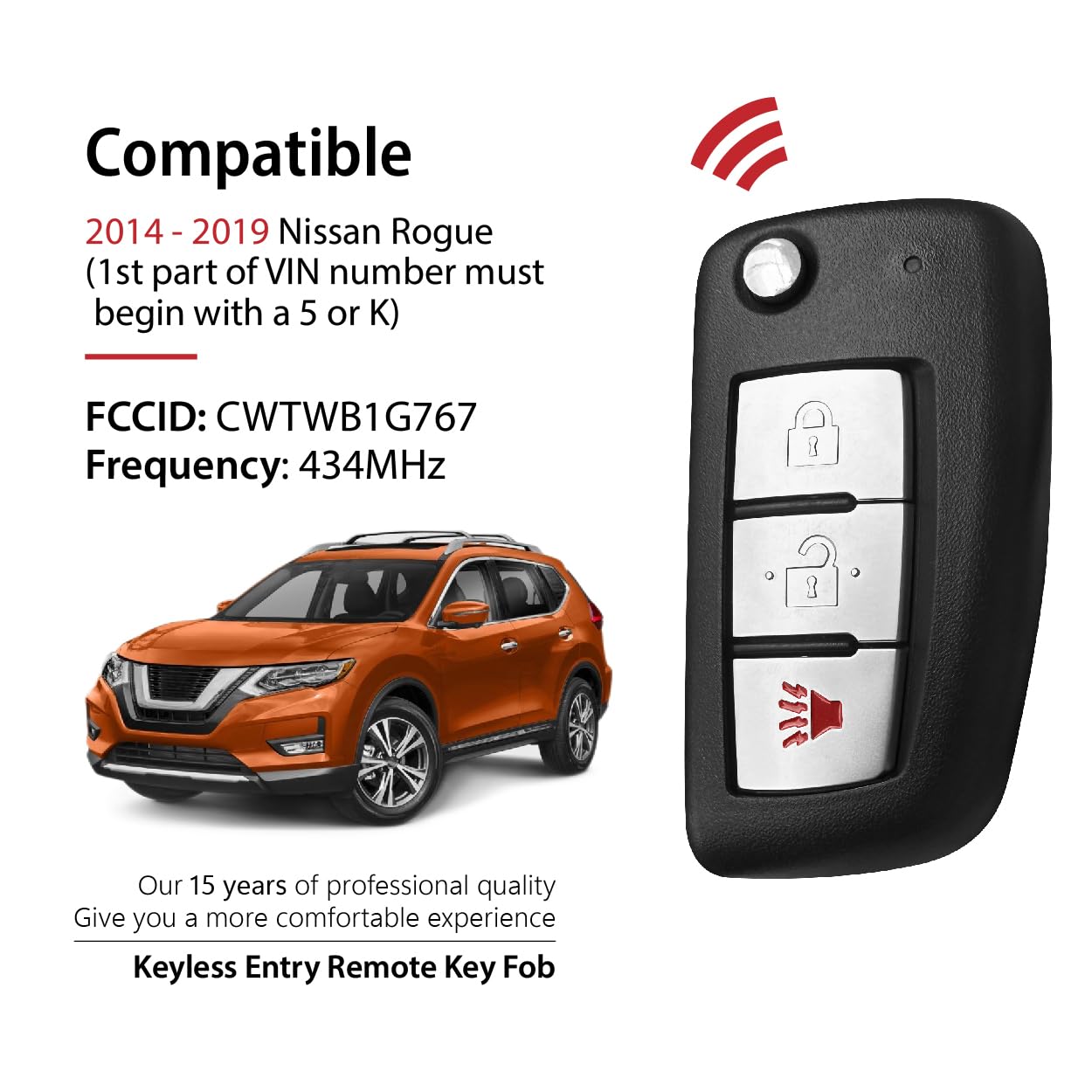 Keylessbest Nissan Rogue replacement fob back view showing battery compartment and branding