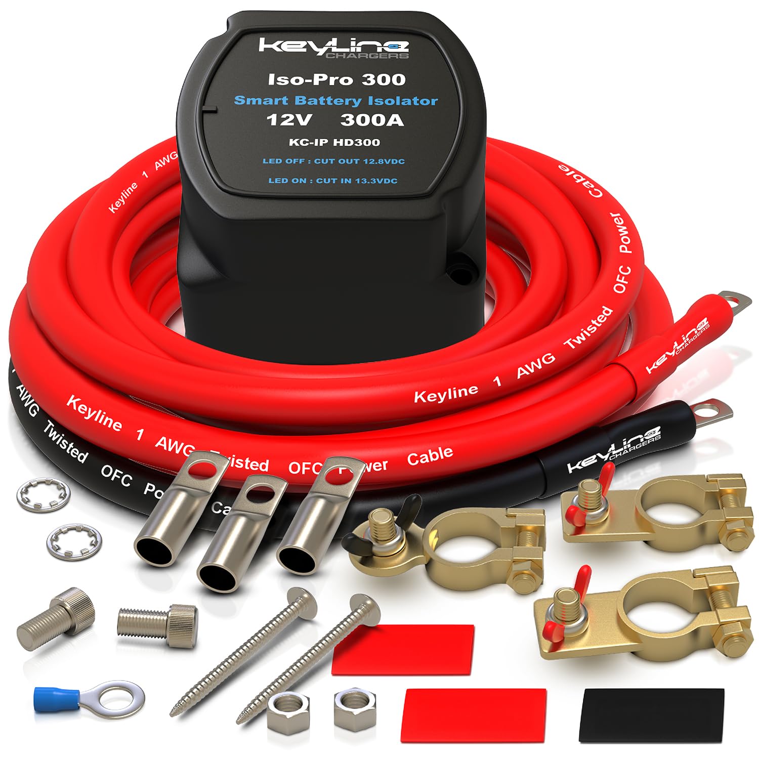 KeyLine Chargers 300A dual battery isolator front view, compact under-hood.
