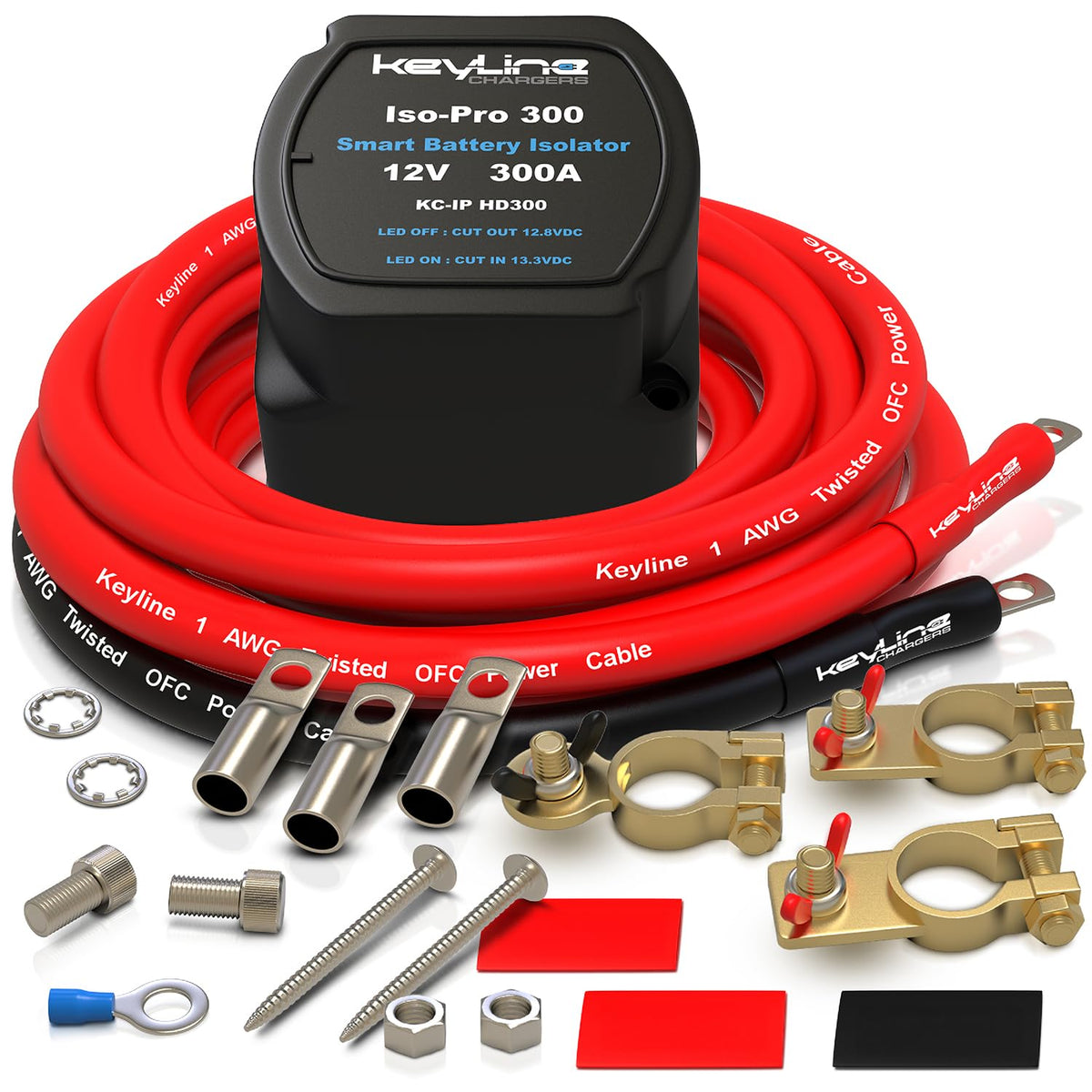 KeyLine Chargers 300A dual battery isolator front view, compact under-hood.