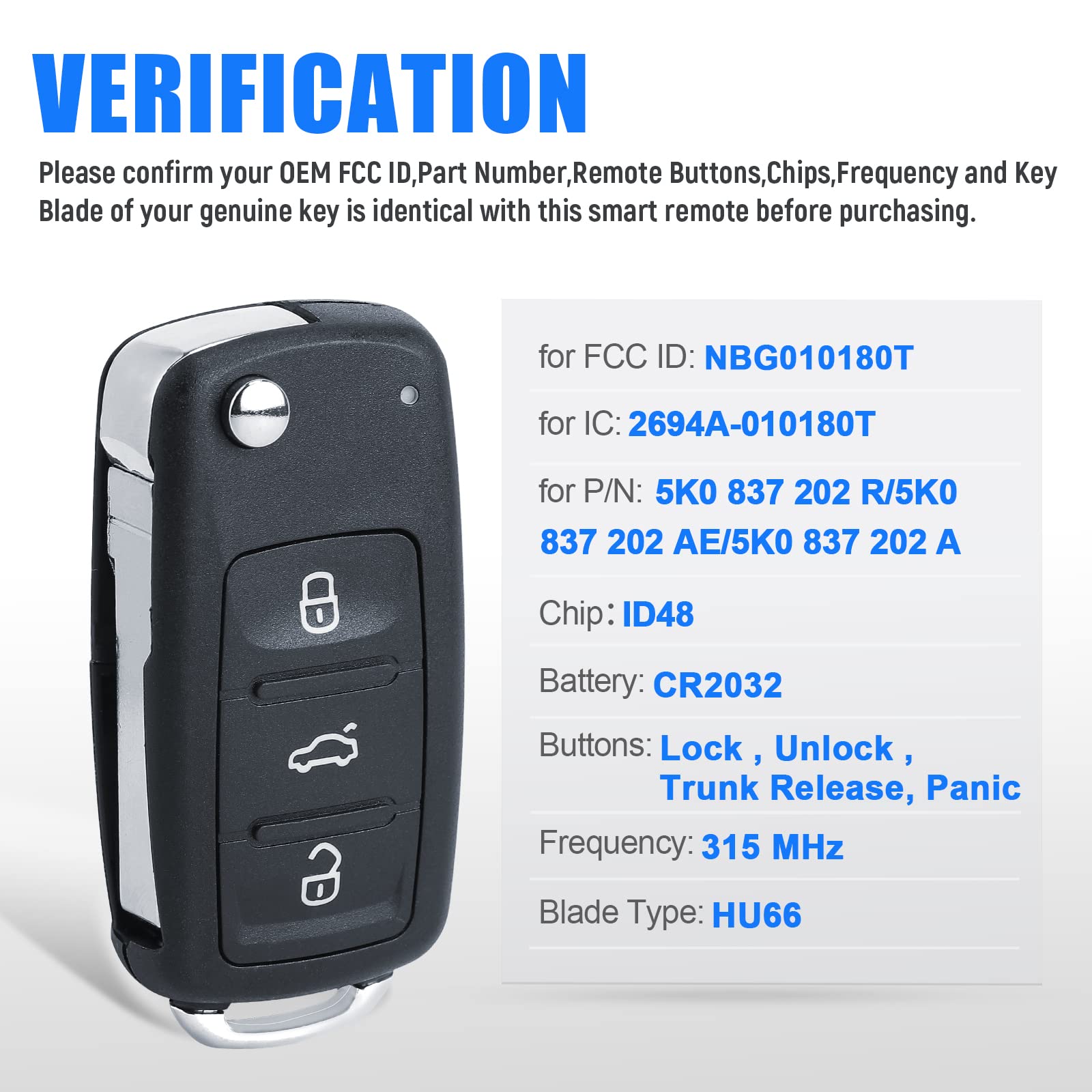 Keymall flip key fob for VW Golf GTI; 3+1 button design