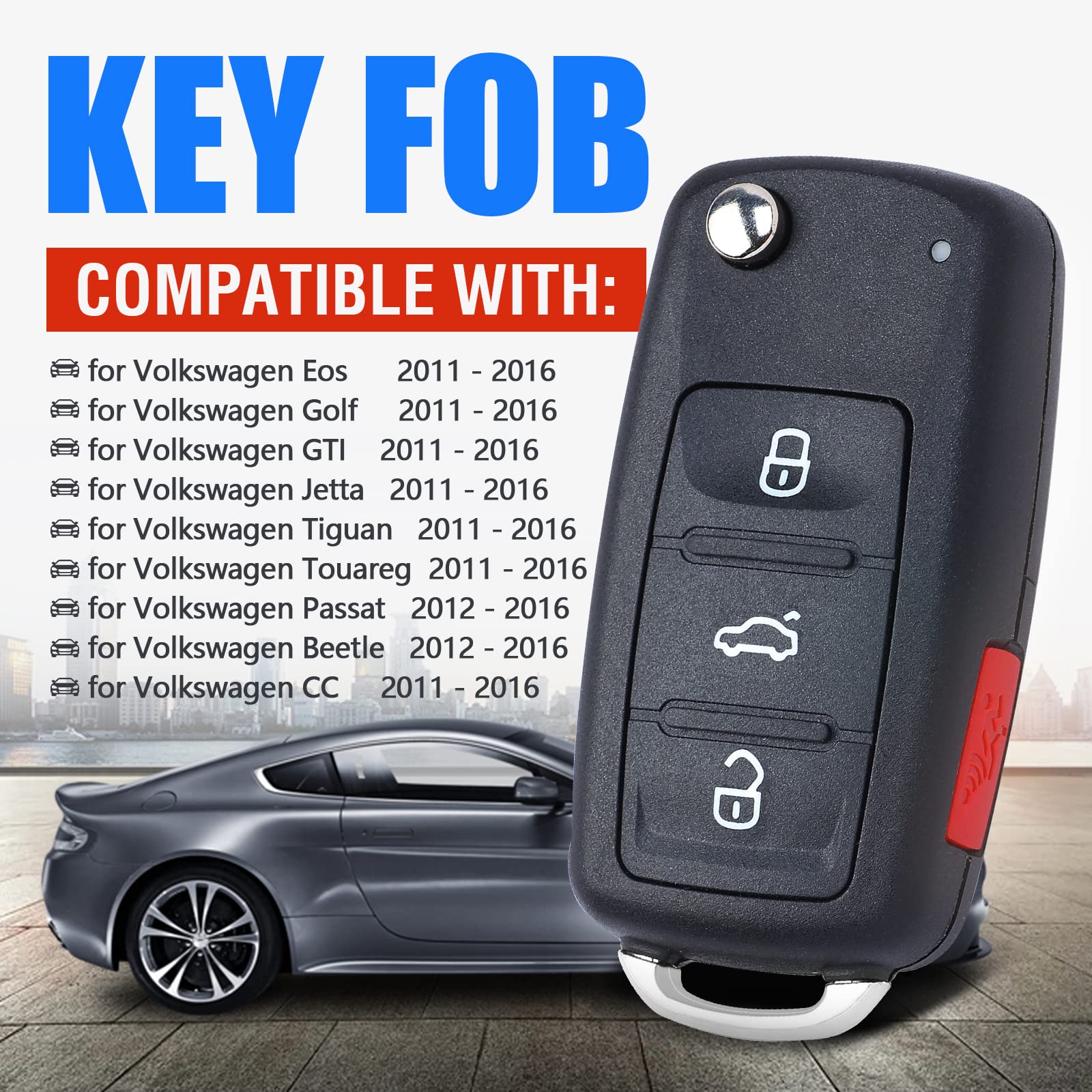 Keymall flip key fob for VW Jetta; aftermarket replacement with ID48 chip