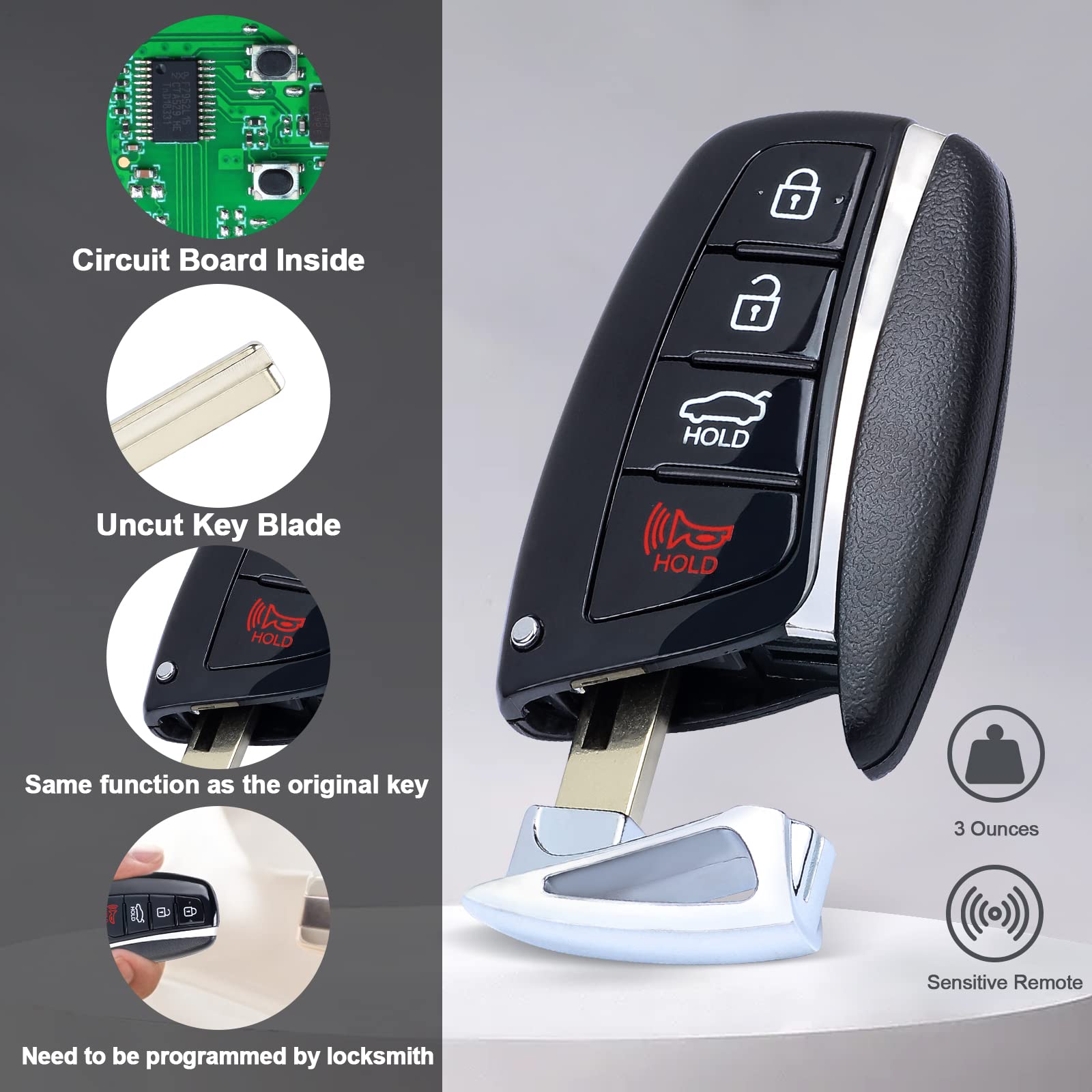 Keymall remote with four-button layout for lock, unlock, hatch, panic