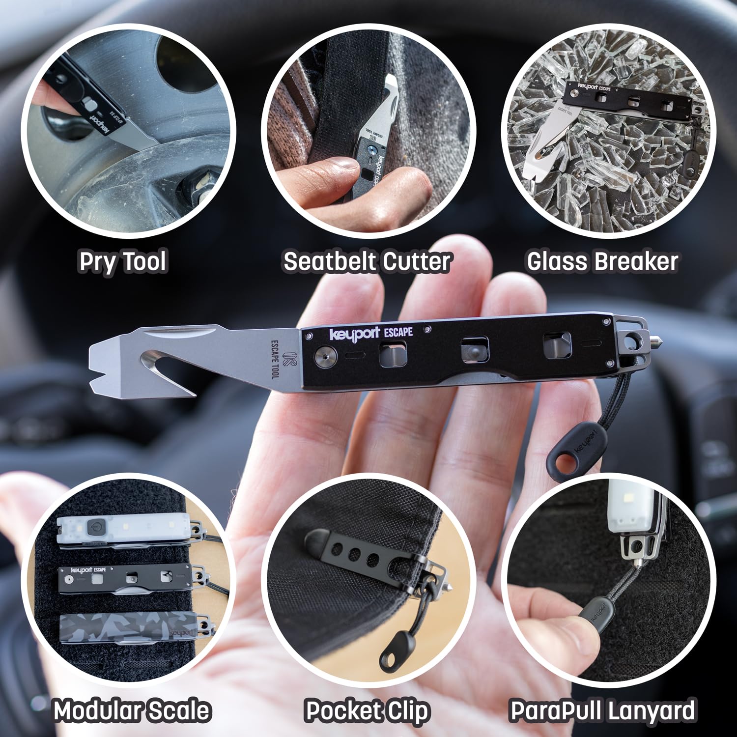 Keyport Escape Tool in glovebox-ready setup enables fast pickup during emergencies.