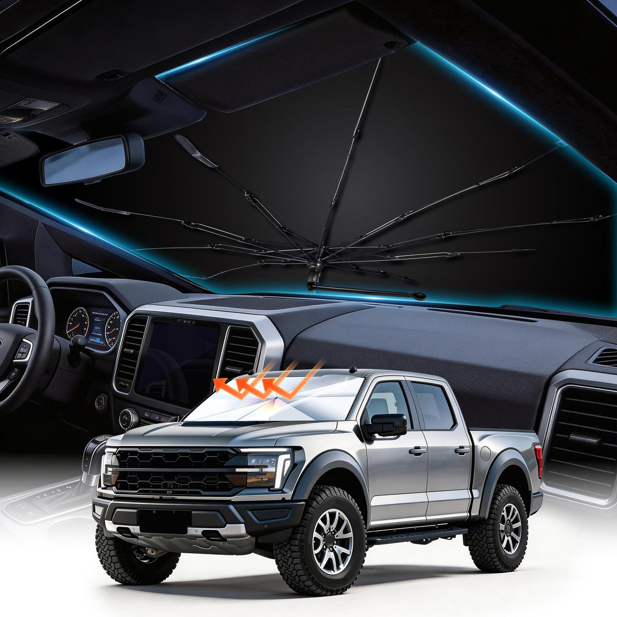 Kfonla windshield sun shade umbrella provides precise front-fit coverage for Ford trucks.