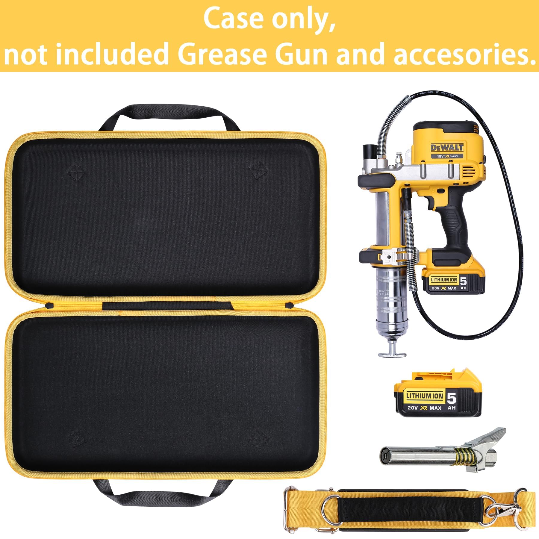Interior molded cradle keeps DeWalt grease gun components secure for travel.