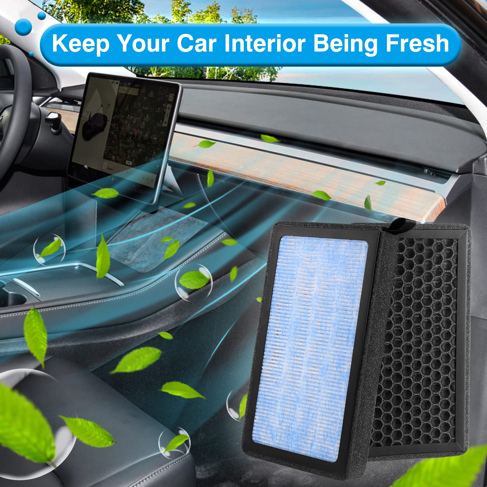 Installation step of the KHAWY cabin filter in a Tesla.