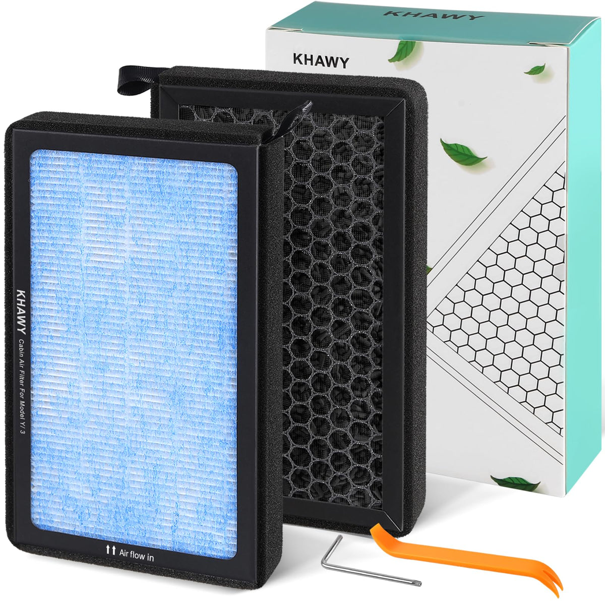 KHAWY cabin air filter for Tesla Model 3/Model Y in box, ready to install.