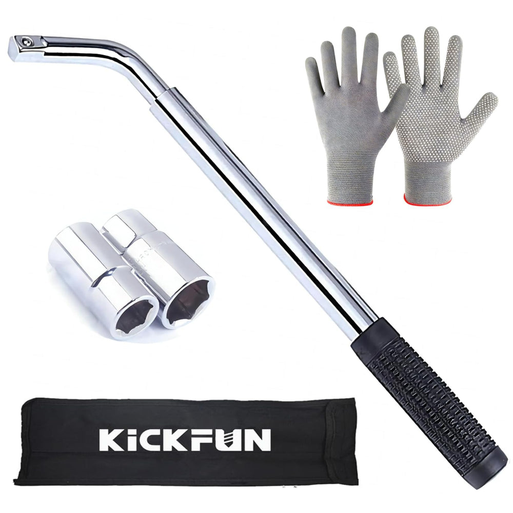 KickFun universal lug wrench with four sockets enables quick wheel nut removal.