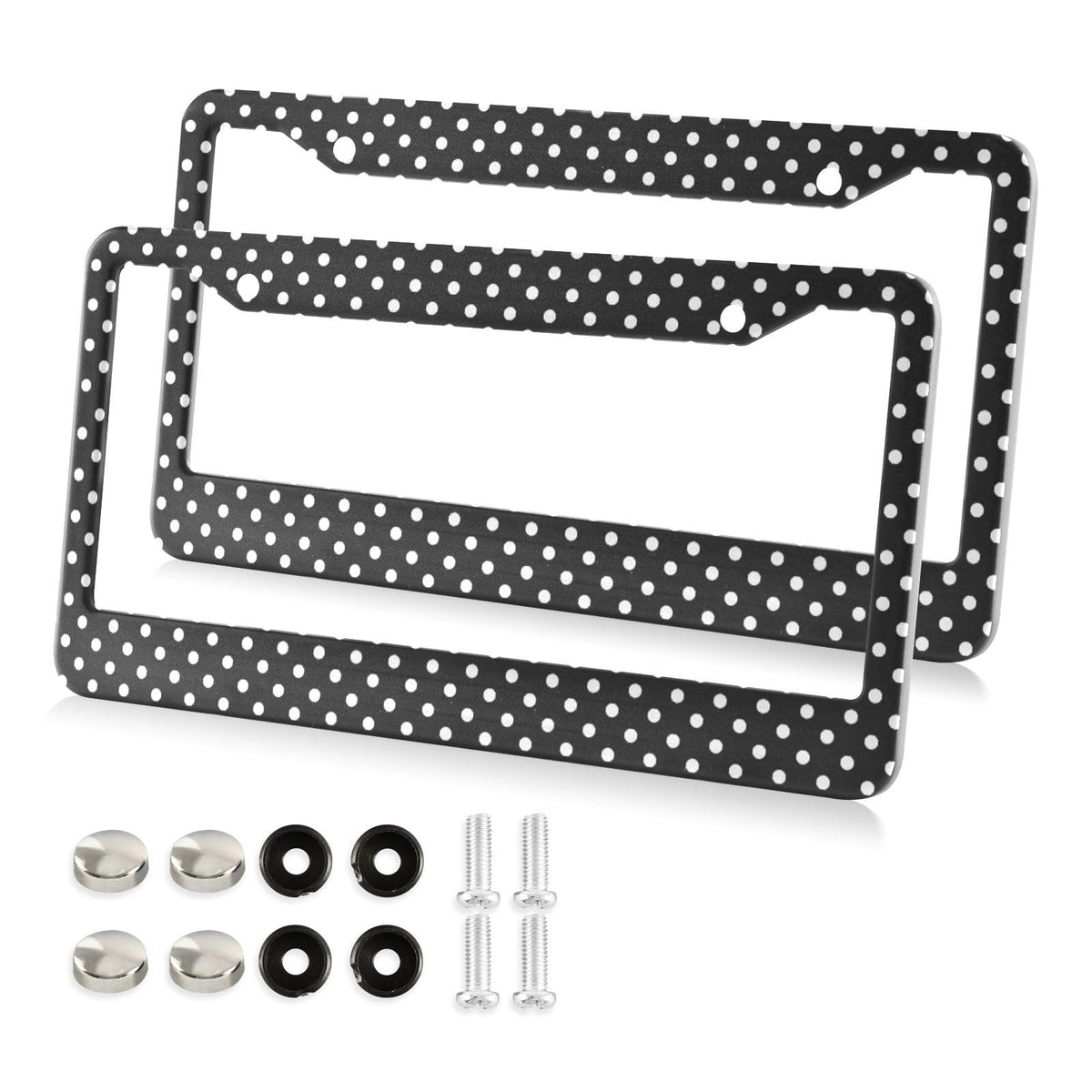 Kigai license frame front view with polka dot design enhances vehicle styling.