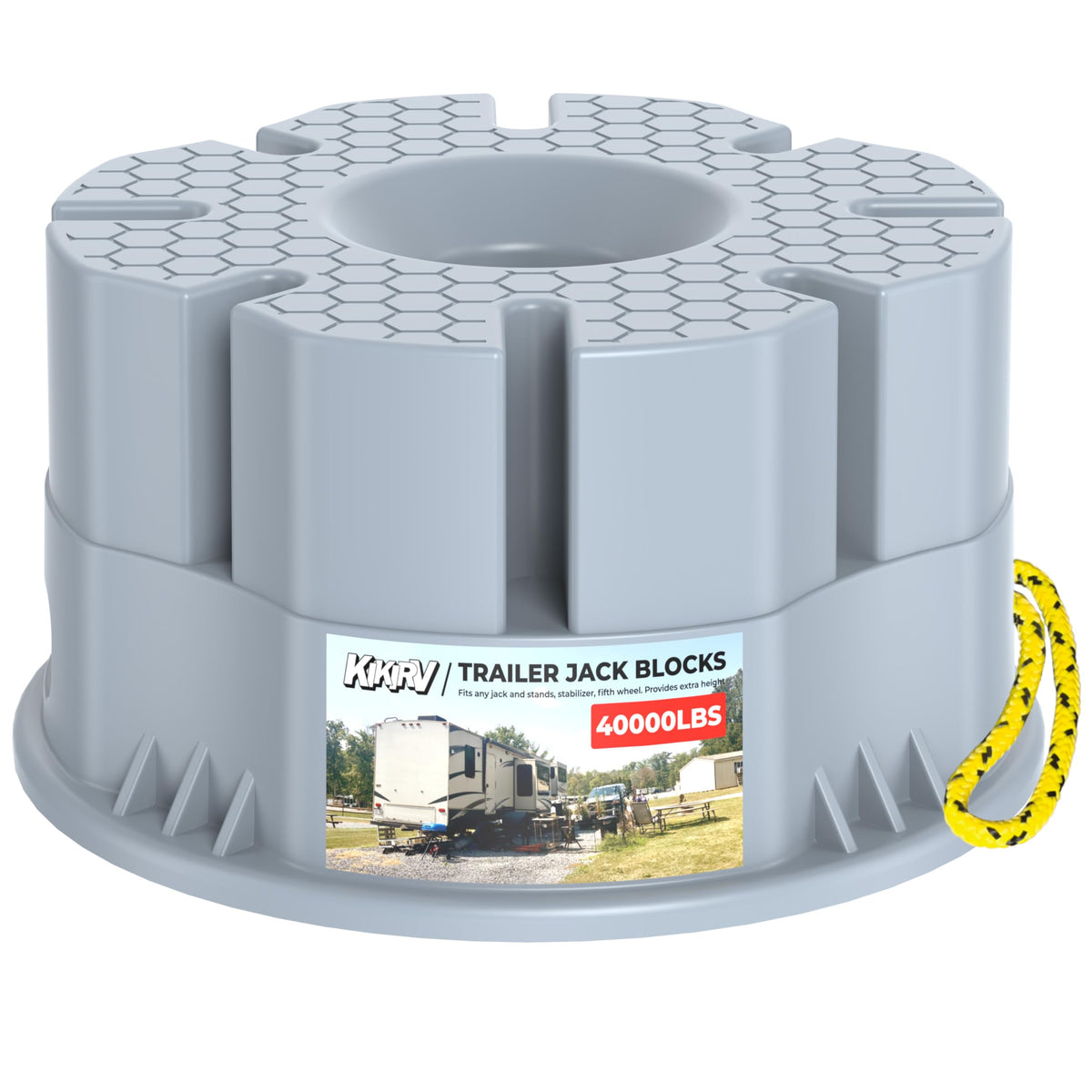KIKIRV 6-inch height trailer jack block showing adjustable leveling for uneven terrain.
