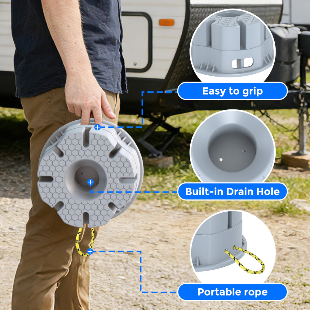 KIKIRV universal compatibility block demonstrates versatile mounting with tongue jacks and stabilizers.