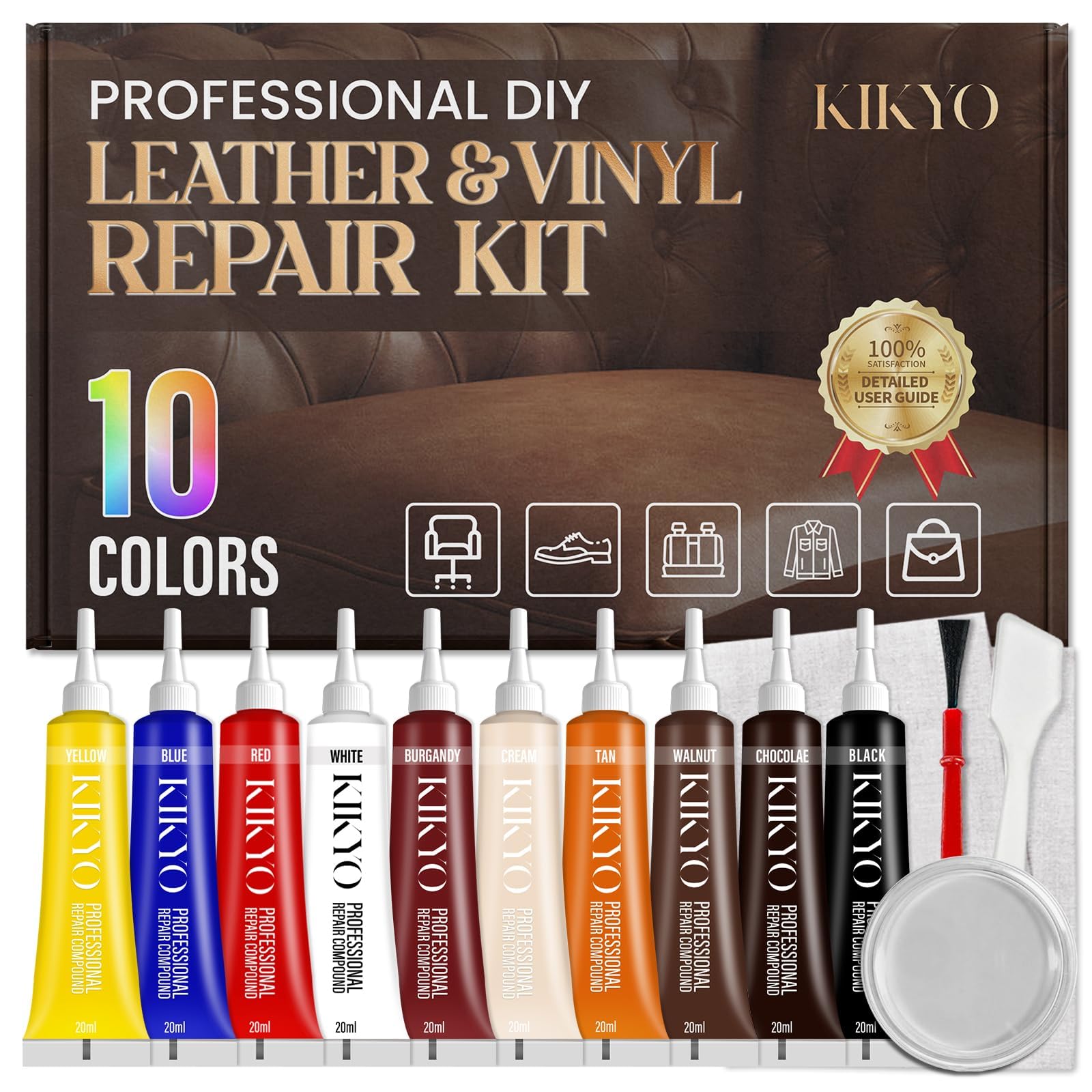 KIKYO leather-vinyl repair kit contents with all tools for quick, invisible fixes.