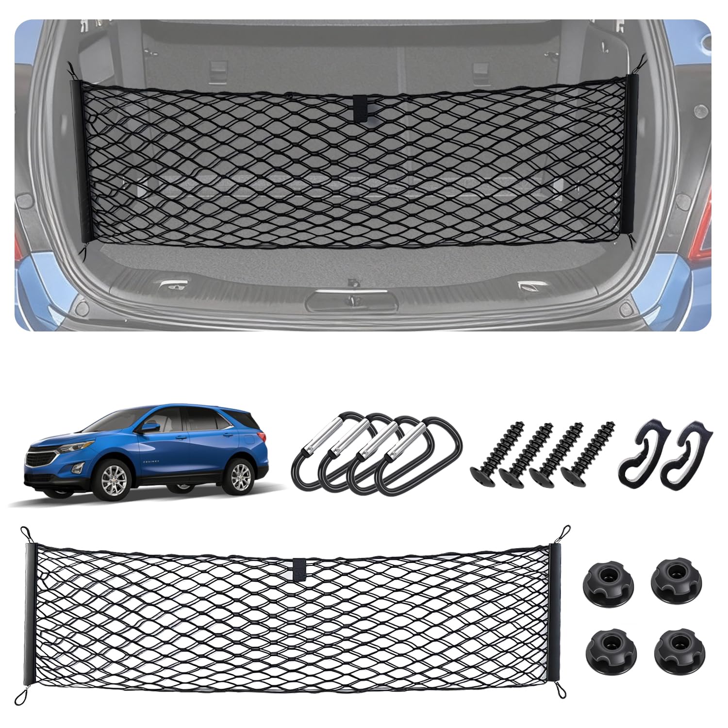 KimCarley Envelope-Style Cargo Net installed in Equinox trunk for secure grocery storage.