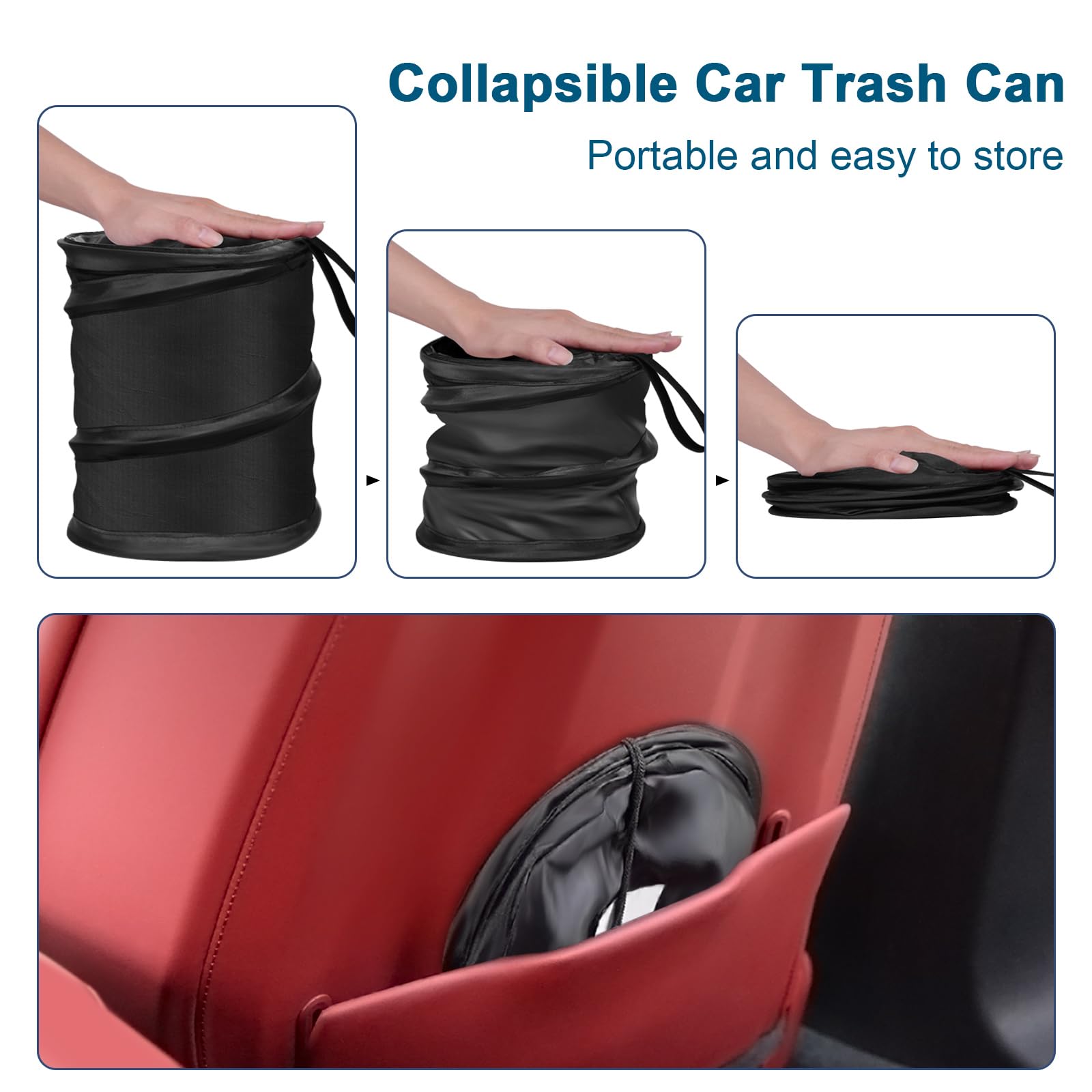 Kincown car trash bin collapsible and folds flat for storage.