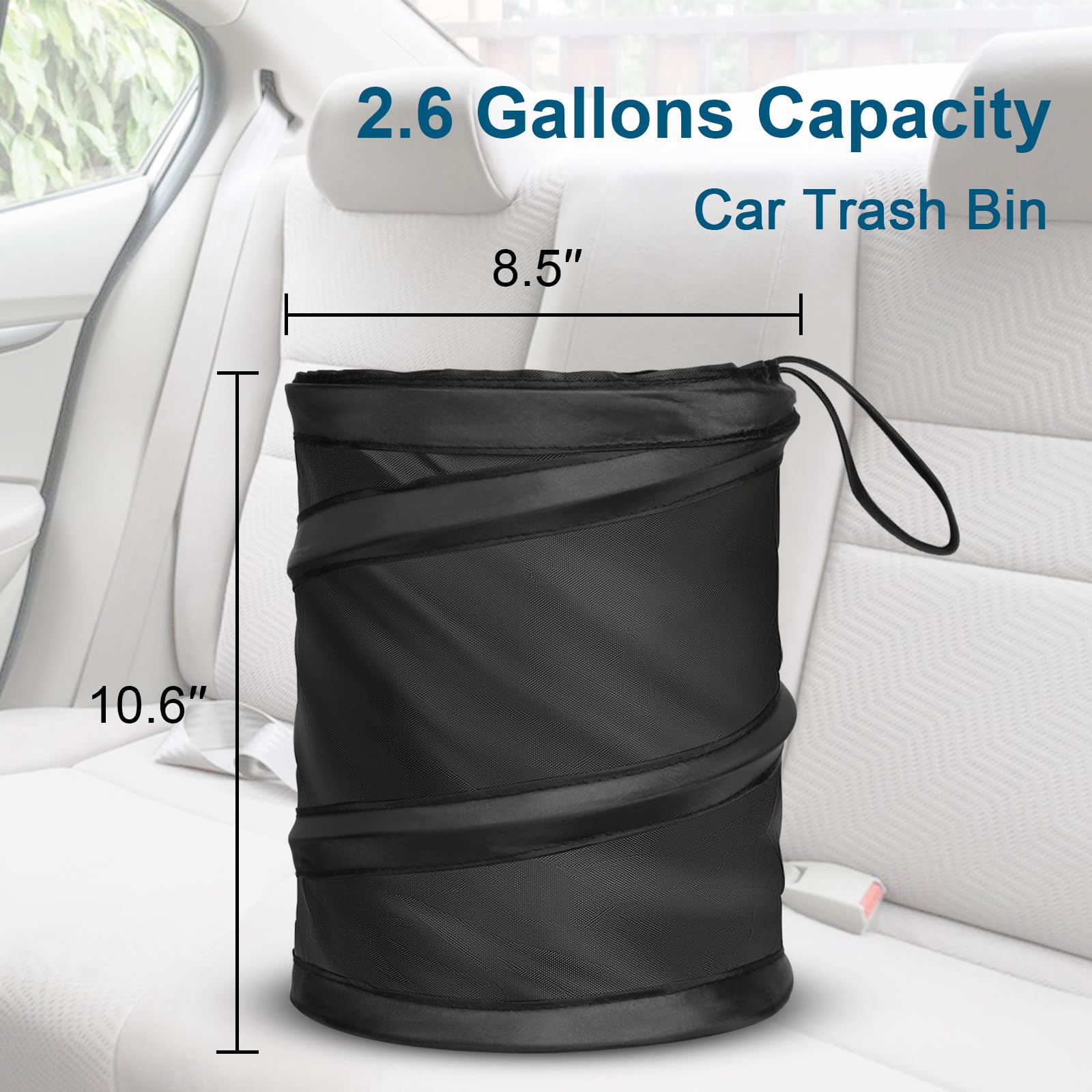 Kincown car trash bin elastic band hangs from headrest for mounting.