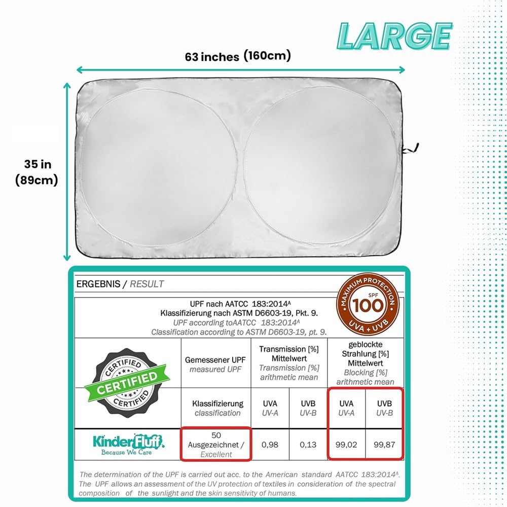 Kinder Fluff windshield sun shade folded compact for easy storage.