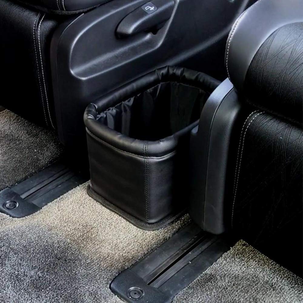 KINGBERWI leather car trash can fits neatly in a car corner for organized space
