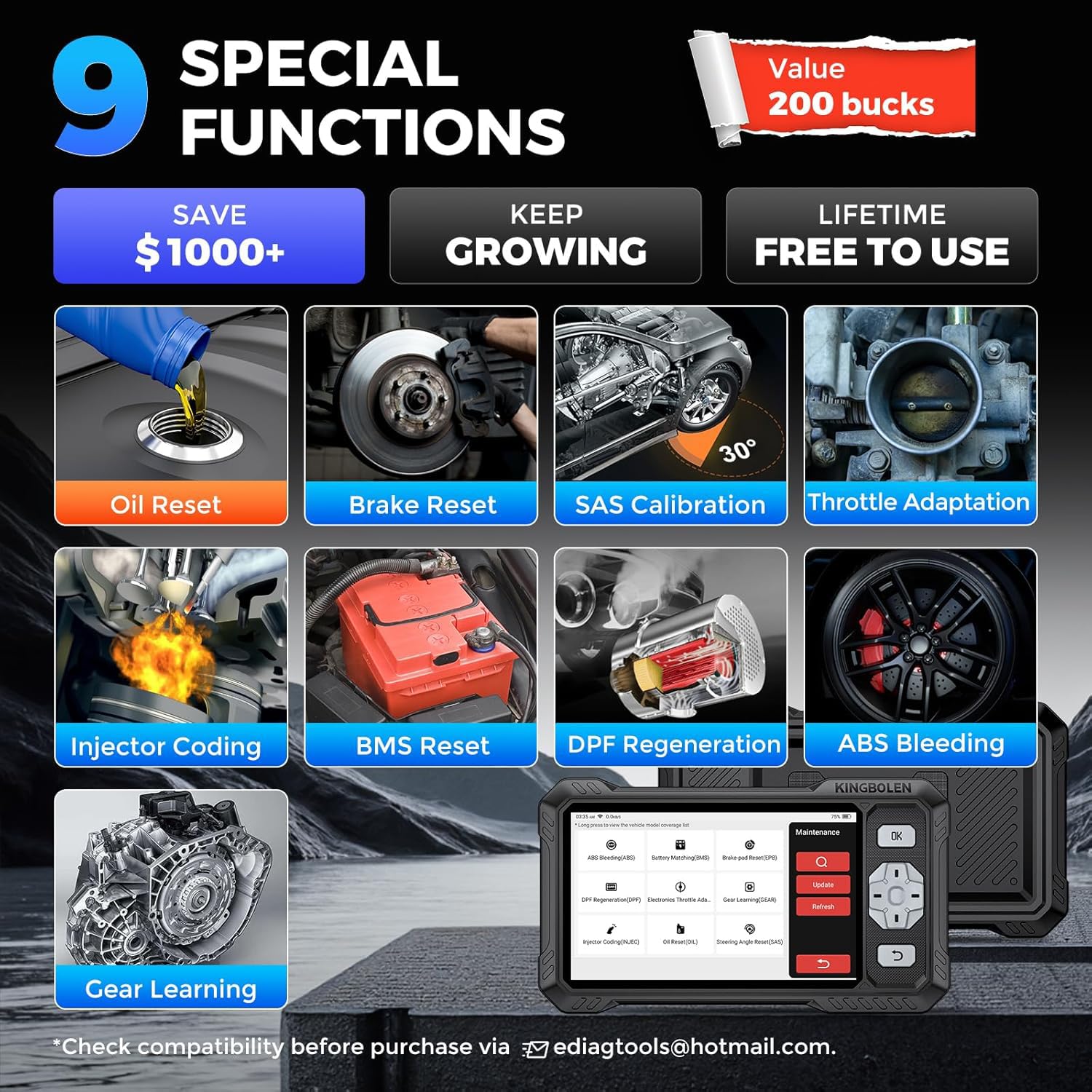 KINGBOLEN S608 full system diagnostics for Engine, ABS, SRS, and transmission