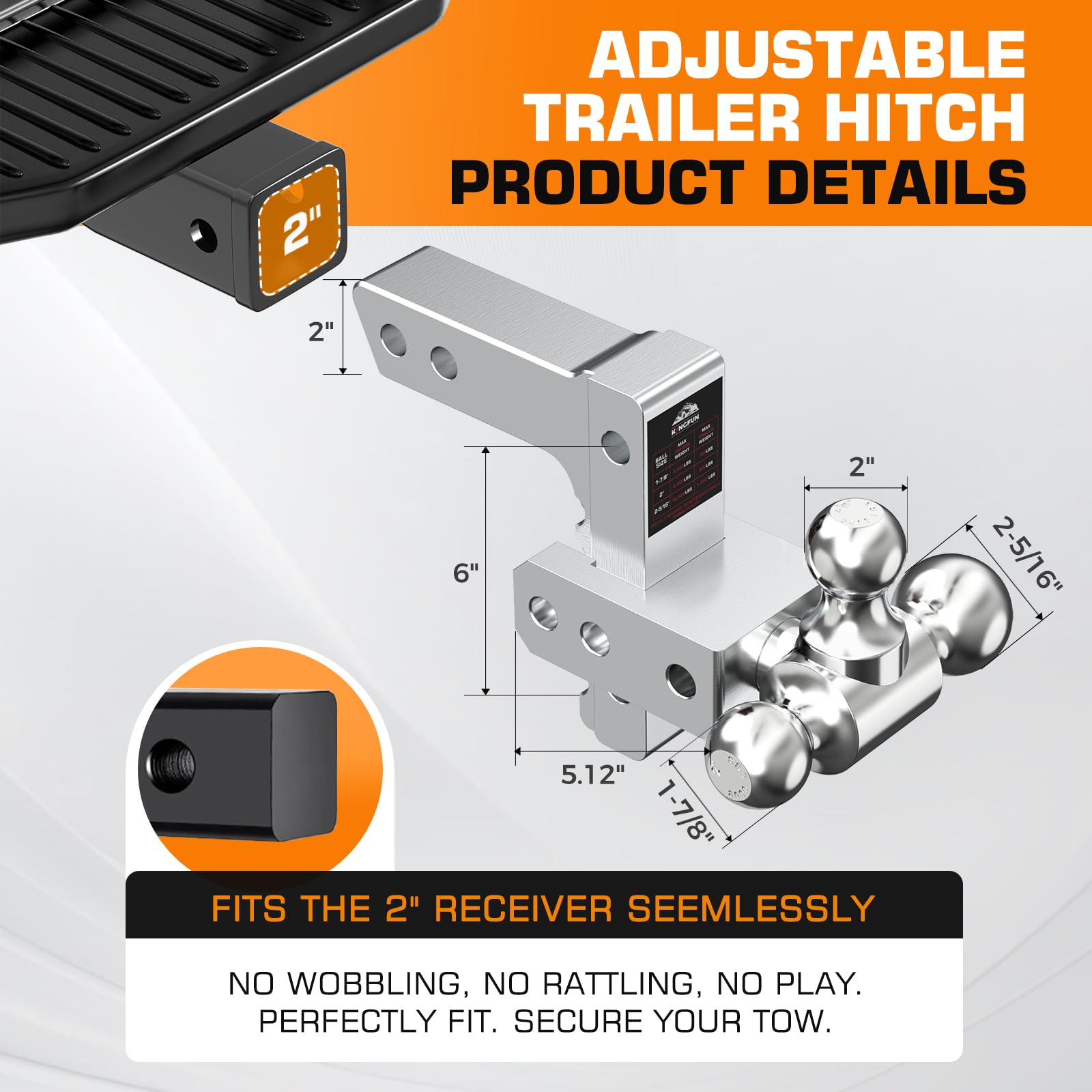 Kingfun 6-inch drop/rise in action to level trailer height for balanced towing.