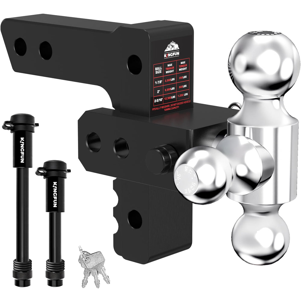 Kingfun adjustable trailer hitch with a six inch drop in a rugged finish, ready to tow