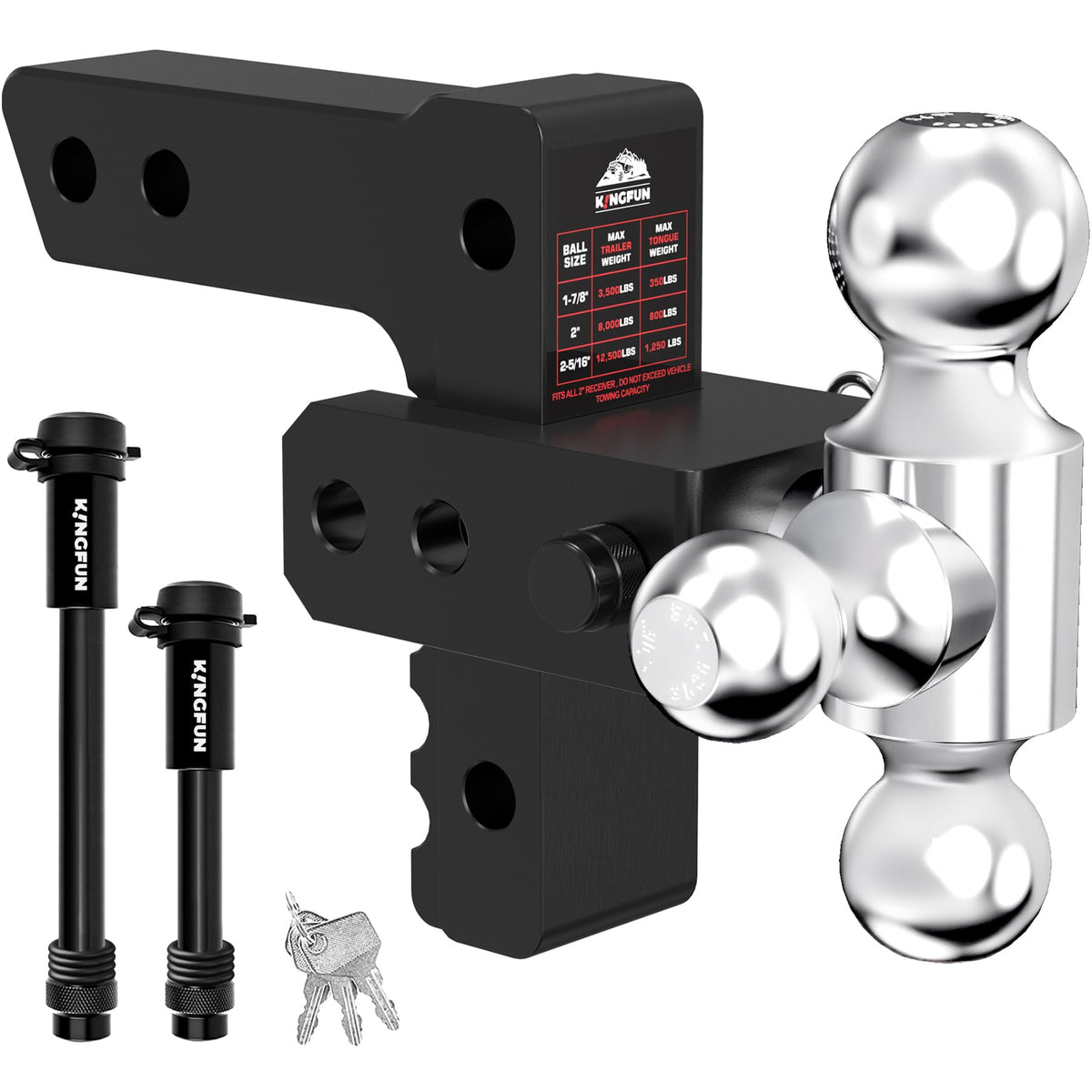 Kingfun adjustable trailer hitch with a six inch drop in a rugged finish, ready to tow