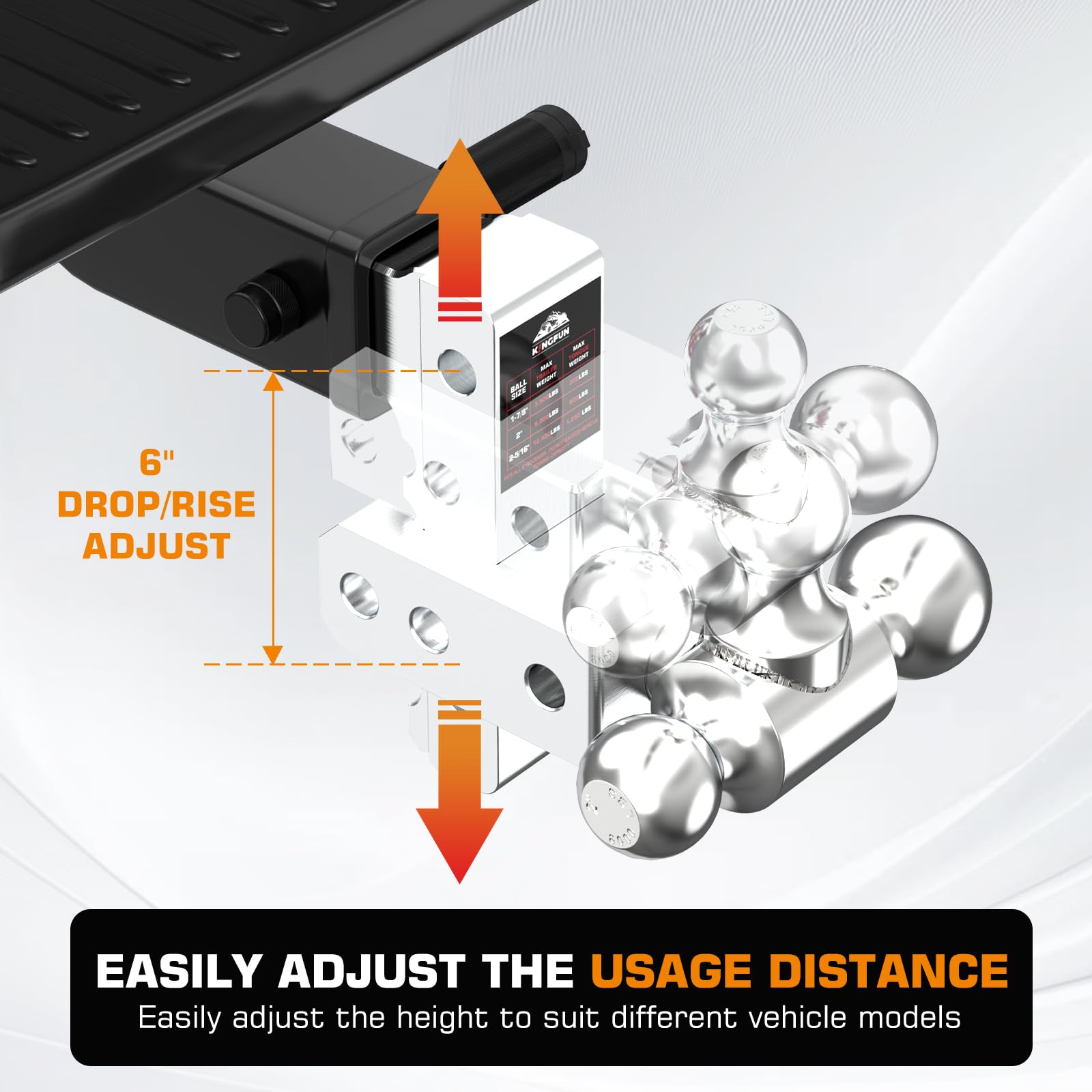 Kingfun anti-theft pin keeps ball mount secure during stops.