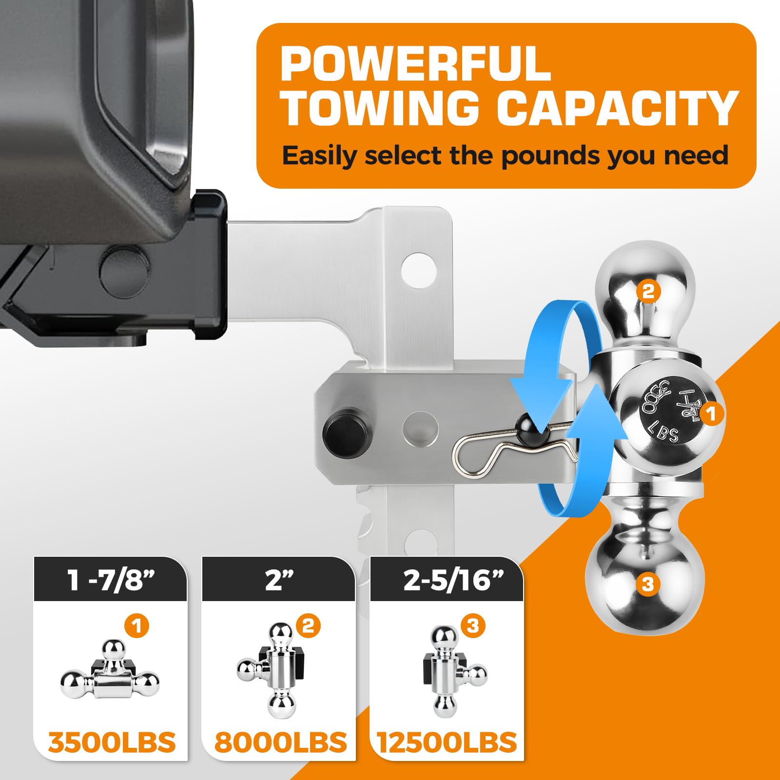Kingfun six-inch rise/drop adjustment enables level towing on varying terrains