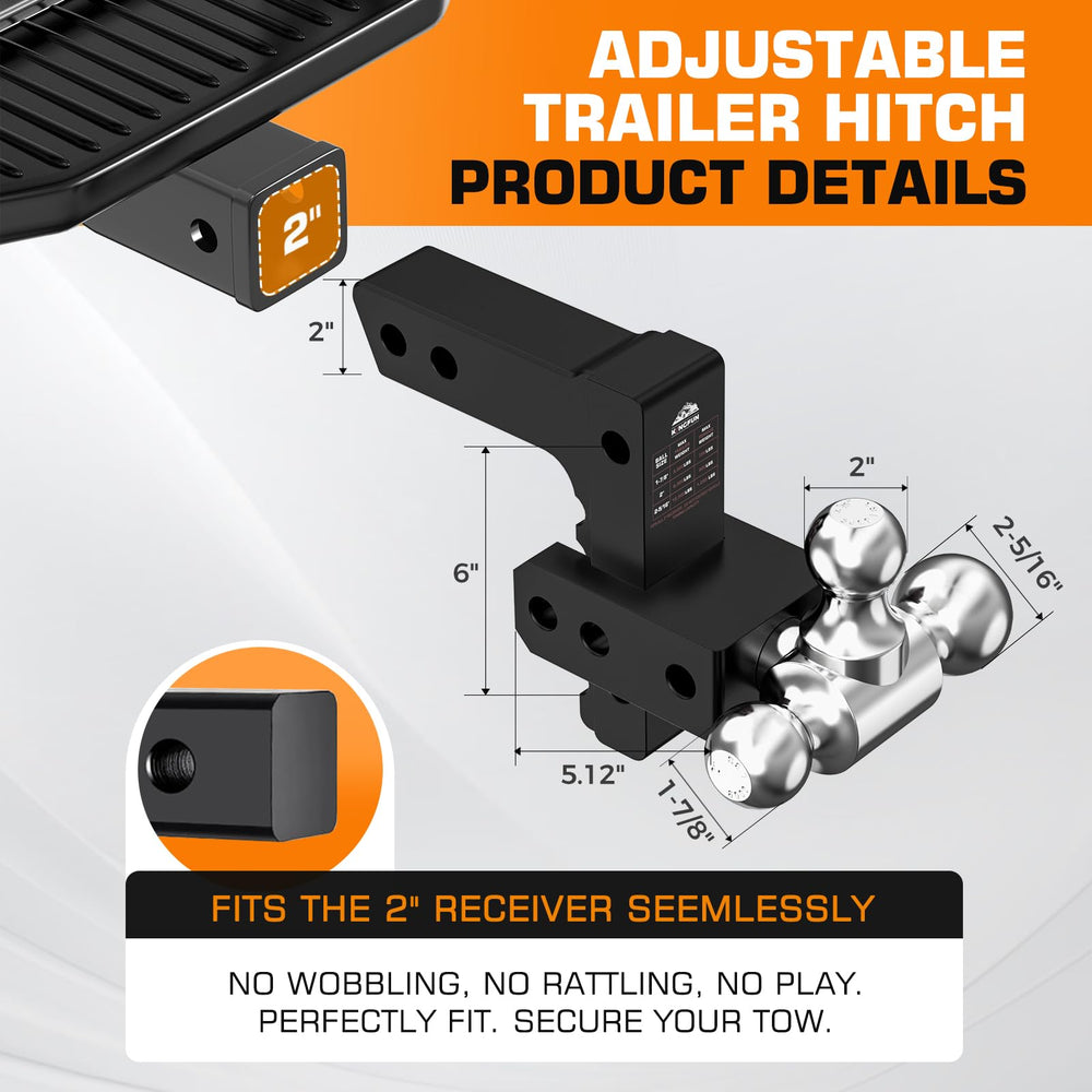 Kingfun tri-ball hitch showing 2in and 2-5/16in for versatile loads