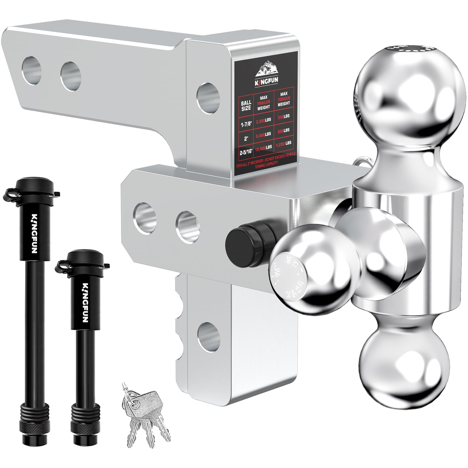 Kingfun tri-ball hitch assembly shows versatile trailer connection for multiple trailers.