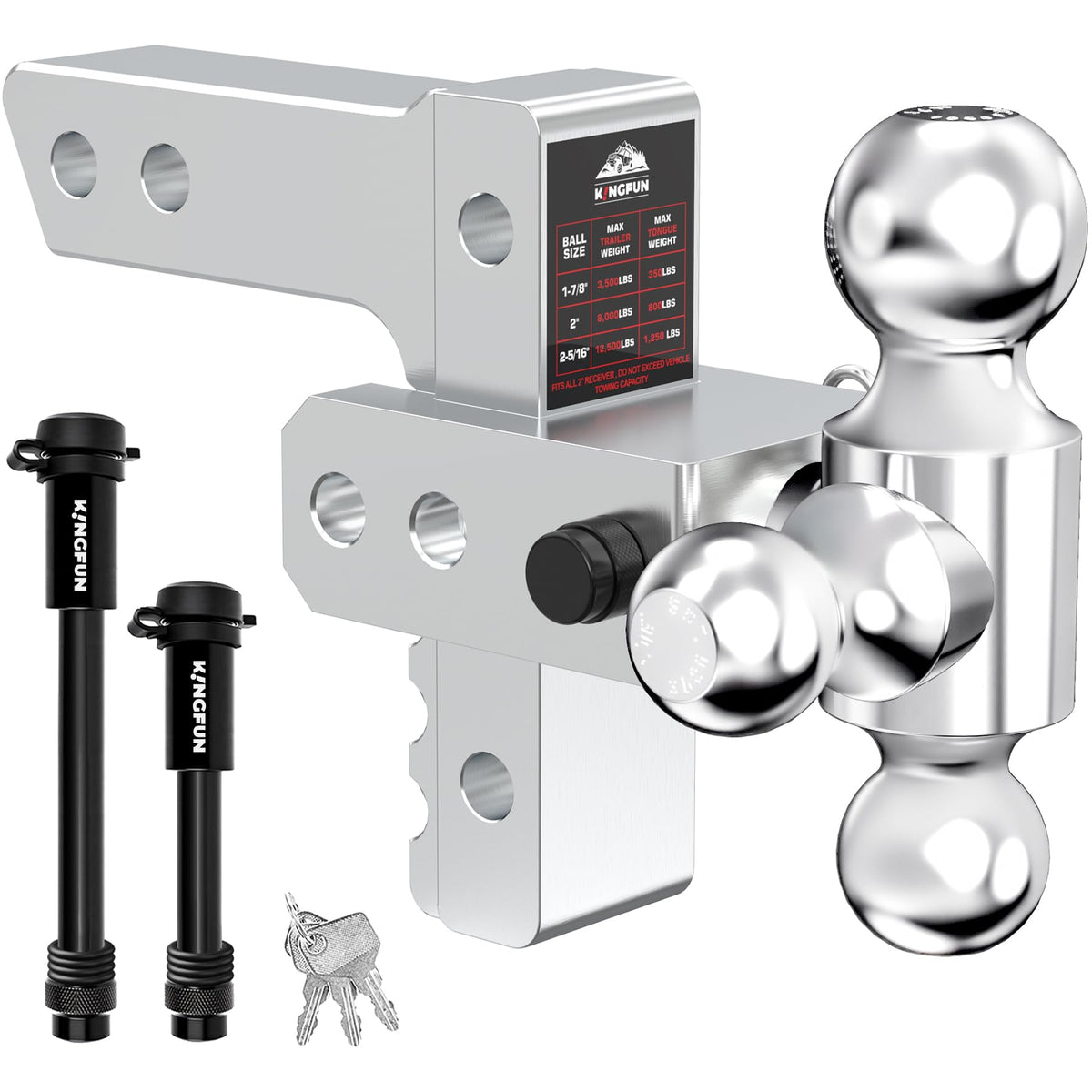 Kingfun tri-ball hitch assembly shows versatile trailer connection for multiple trailers.