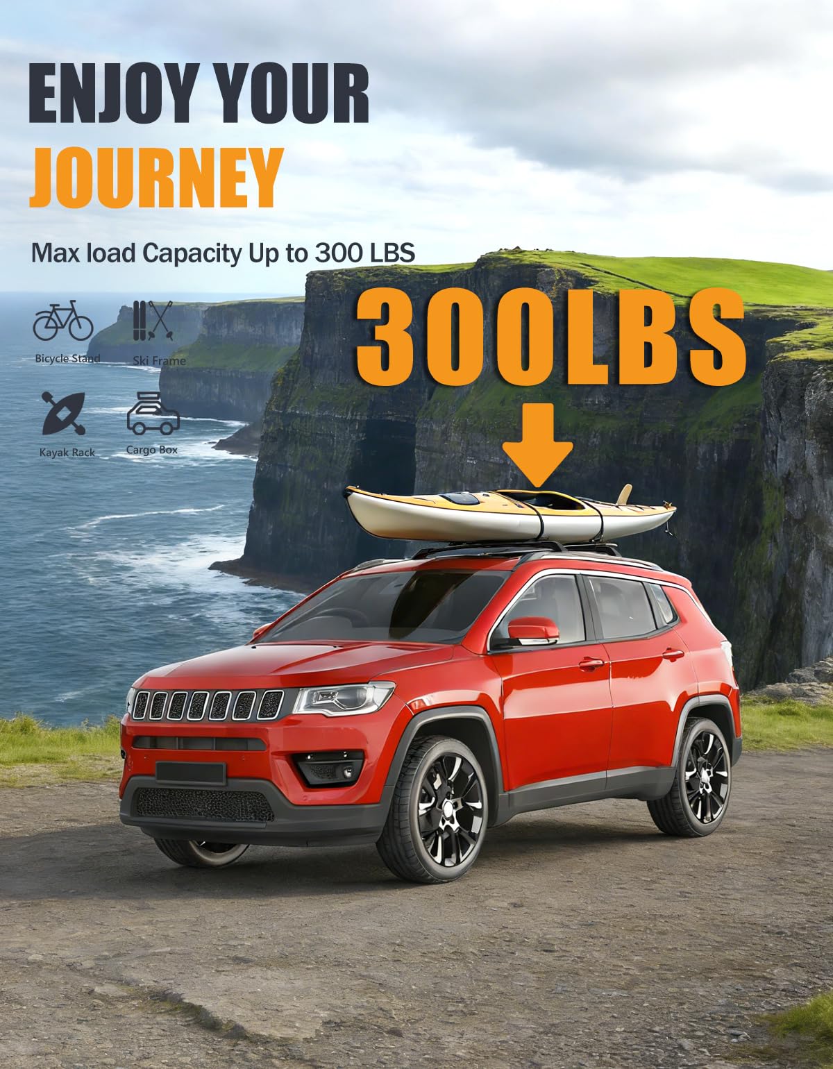 Cross bars demonstrating up to 300 lbs load capacity with luggage.