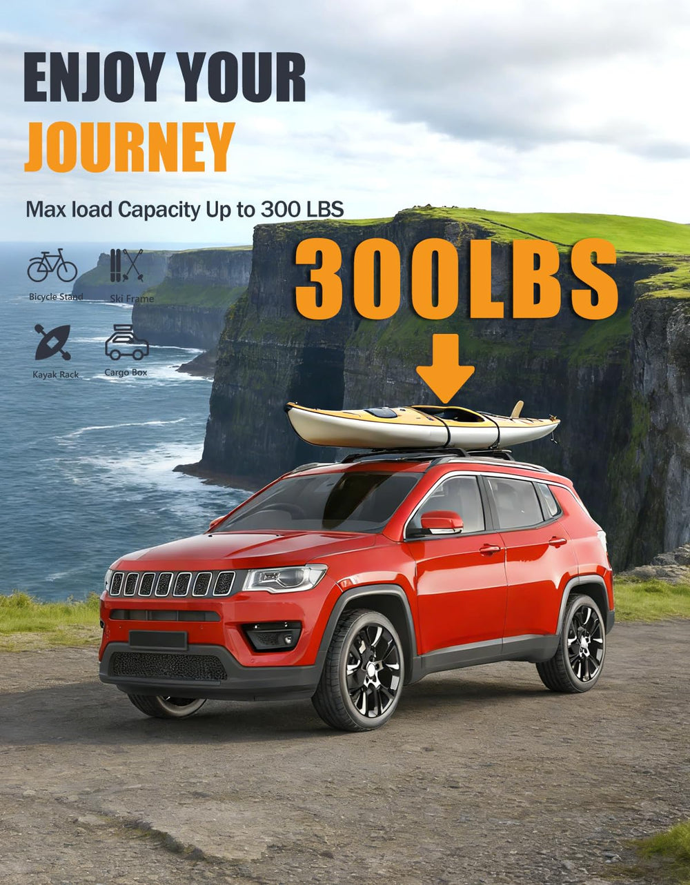 Cross bars demonstrating up to 300 lbs load capacity with luggage.